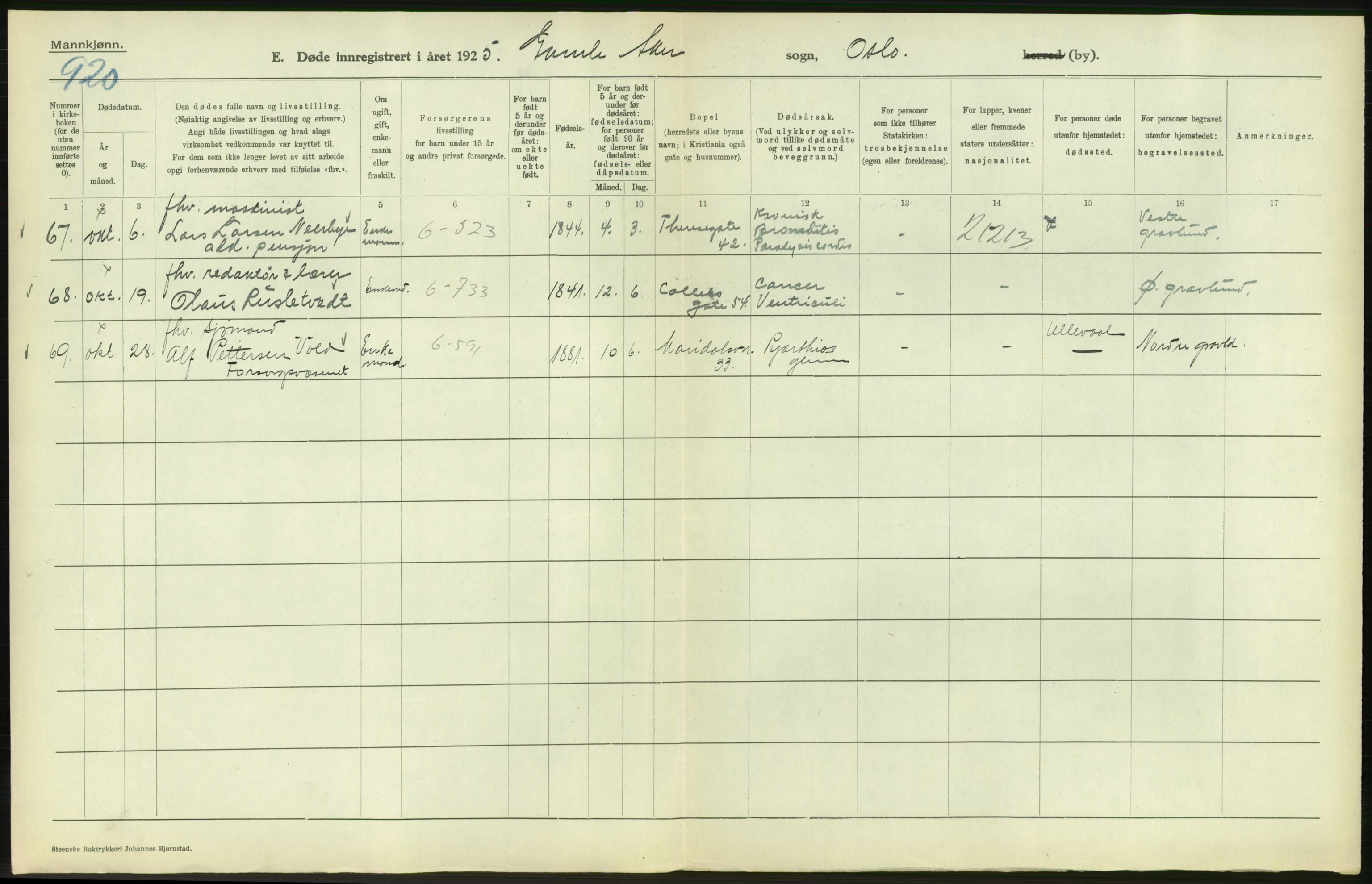 Statistisk sentralbyrå, Sosiodemografiske emner, Befolkning, AV/RA-S-2228/D/Df/Dfc/Dfce/L0009: Oslo: Døde menn, 1925, s. 300