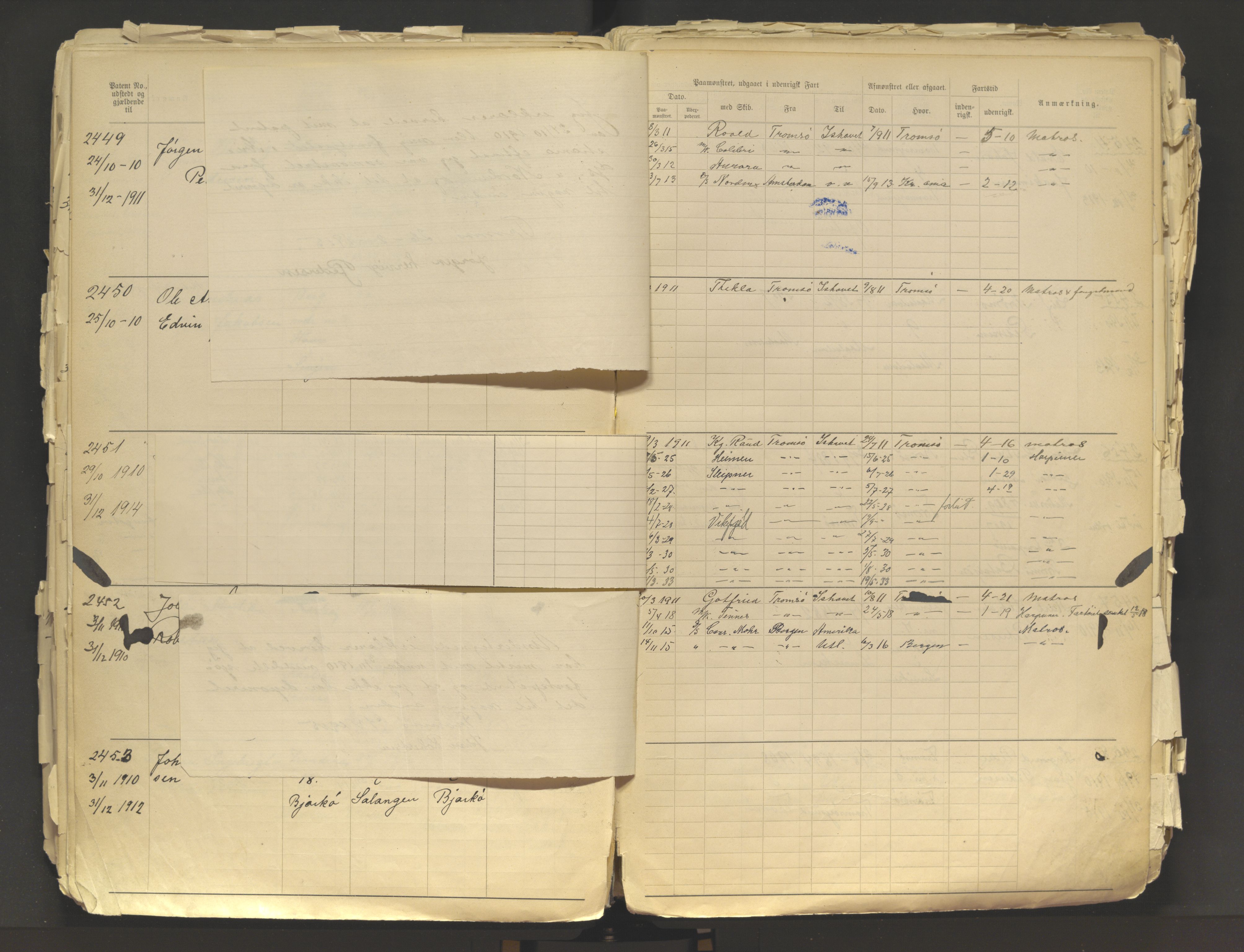 Tromsø sjømannskontor/innrullerings-/mønstringsdistrikt, AV/SATØ-S-0243/F/Fb/L0009: Annotasjonsrulle. Defekt: løse permer. Nr. 2075-3518, 1908-1916