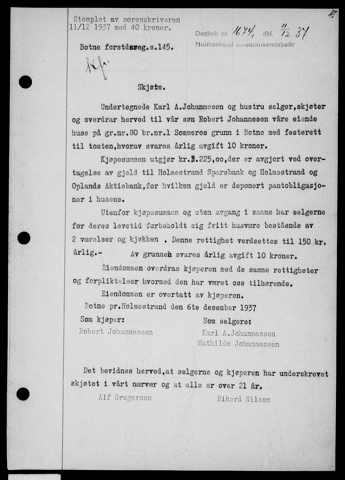 Holmestrand sorenskriveri, SAKO/A-67/G/Ga/Gaa/L0049: Pantebok nr. A-49, 1937-1938, Dagboknr: 1674/1937