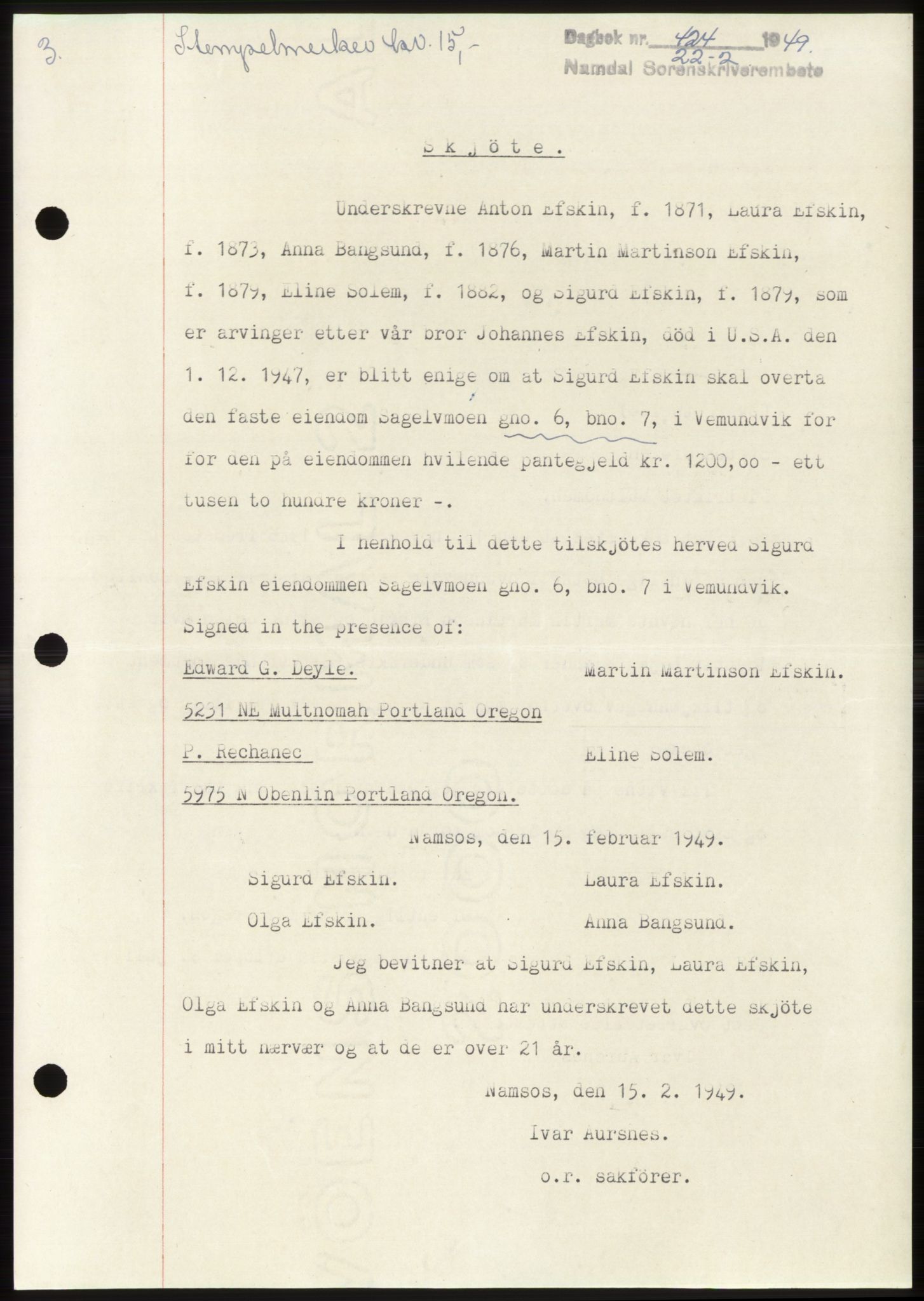 Namdal sorenskriveri, SAT/A-4133/1/2/2C: Pantebok nr. -, 1949-1949, Dagboknr: 424/1949