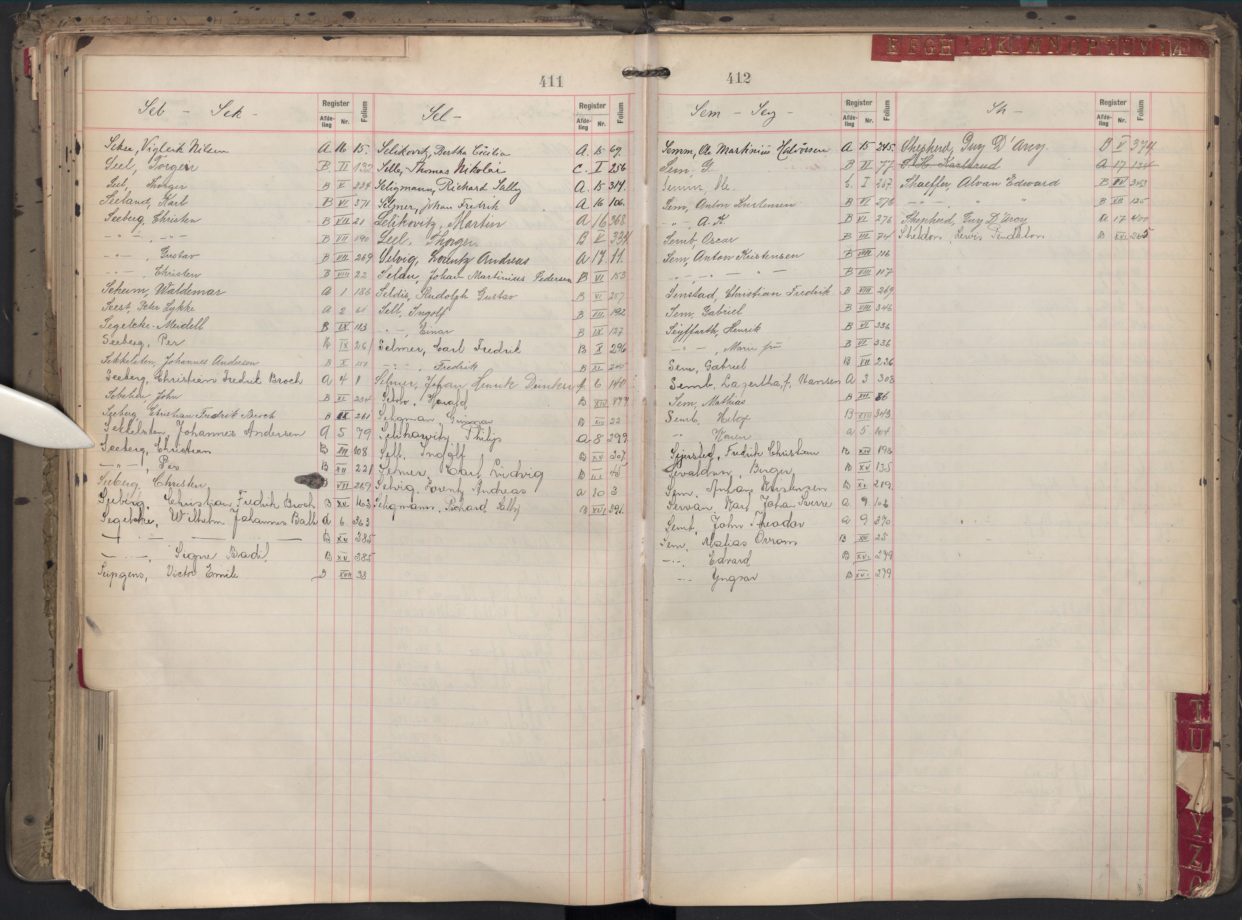 Oslo byfogd avd. II, AV/SAO-A-10942/G/Ga/Gab/L0002: Personregister: A 1-17, B 1-17, C 1, 1907, s. 411-412