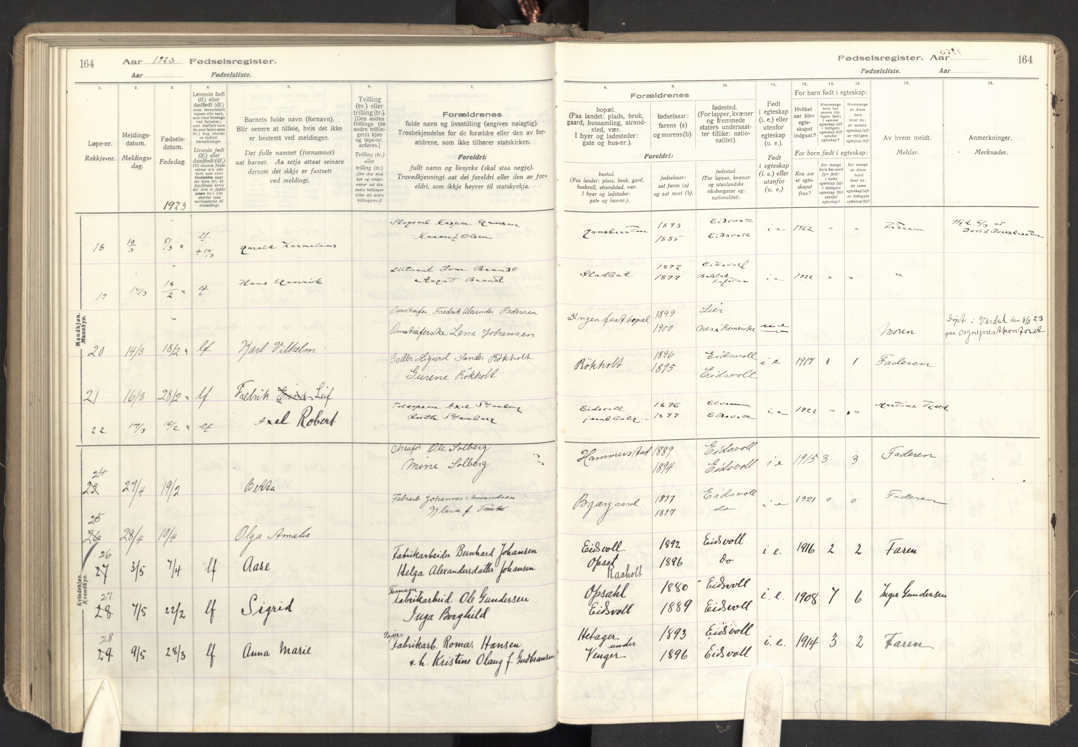 Eidsvoll prestekontor Kirkebøker, AV/SAO-A-10888/J/Ja/L0001: Fødselsregister nr. I 1, 1916-1924, s. 164