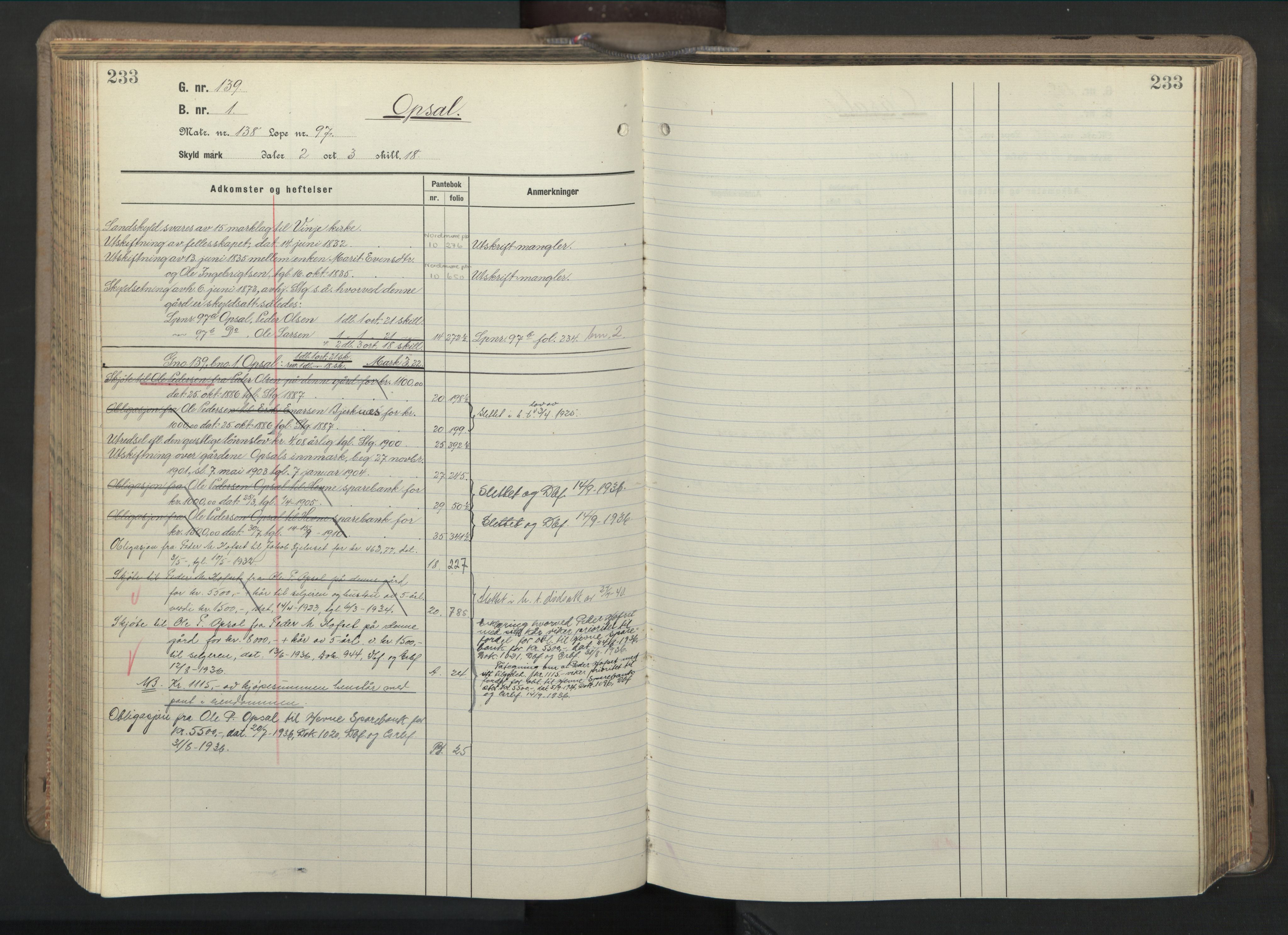 Hitra sorenskriveri, AV/SAT-A-0018/2/2A/L0027: Panteregister nr. 27, s. 233