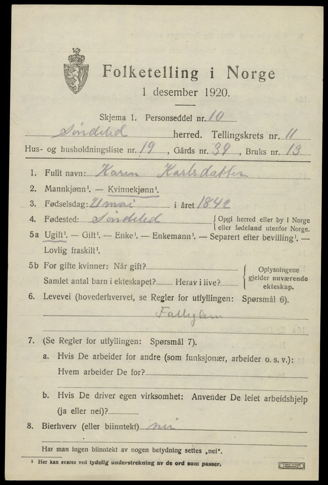 SAK, Folketelling 1920 for 0913 Søndeled herred, 1920, s. 5673