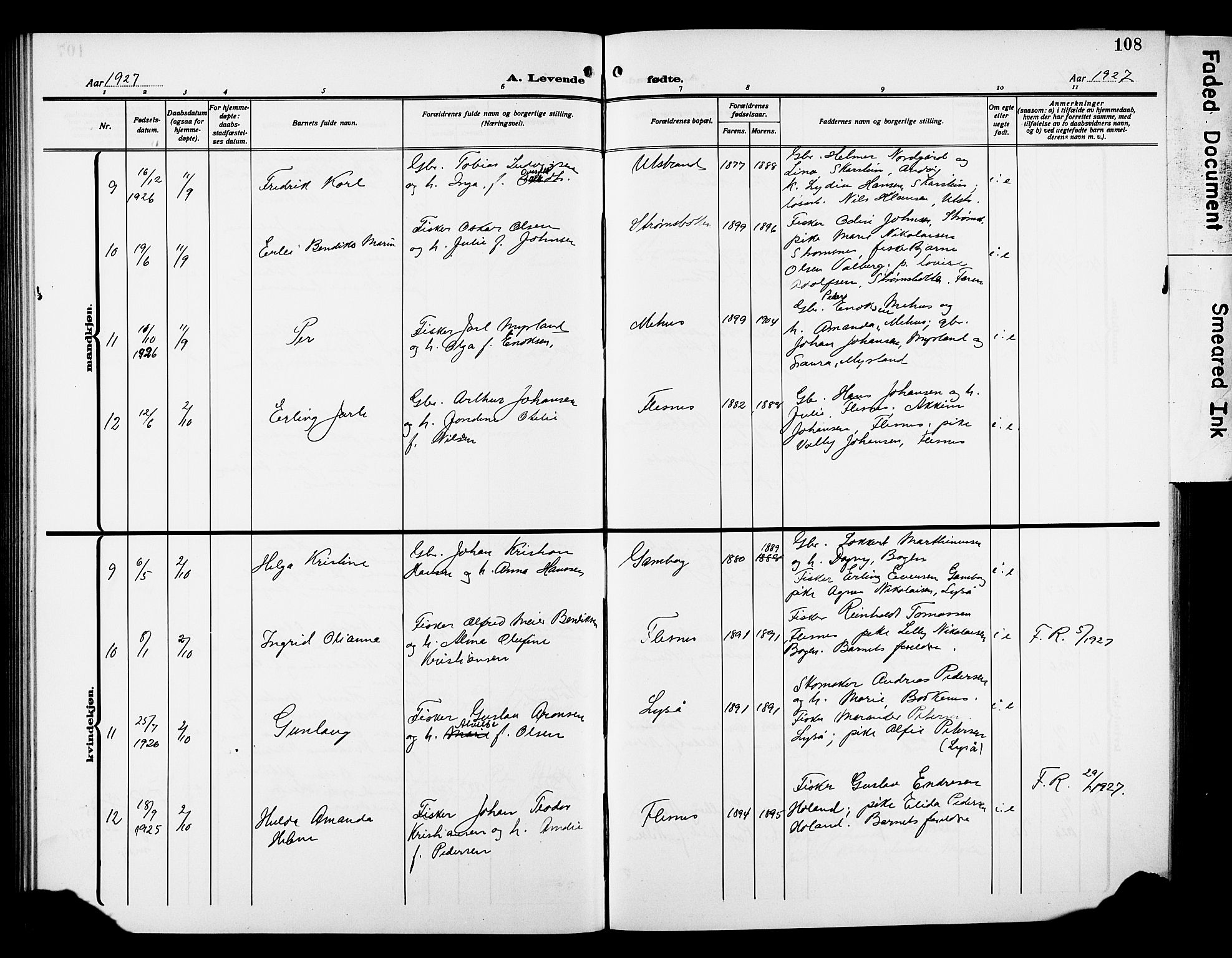 Kvæfjord sokneprestkontor, AV/SATØ-S-1323/G/Ga/Gab/L0006klokker: Klokkerbok nr. 6, 1912-1931, s. 108