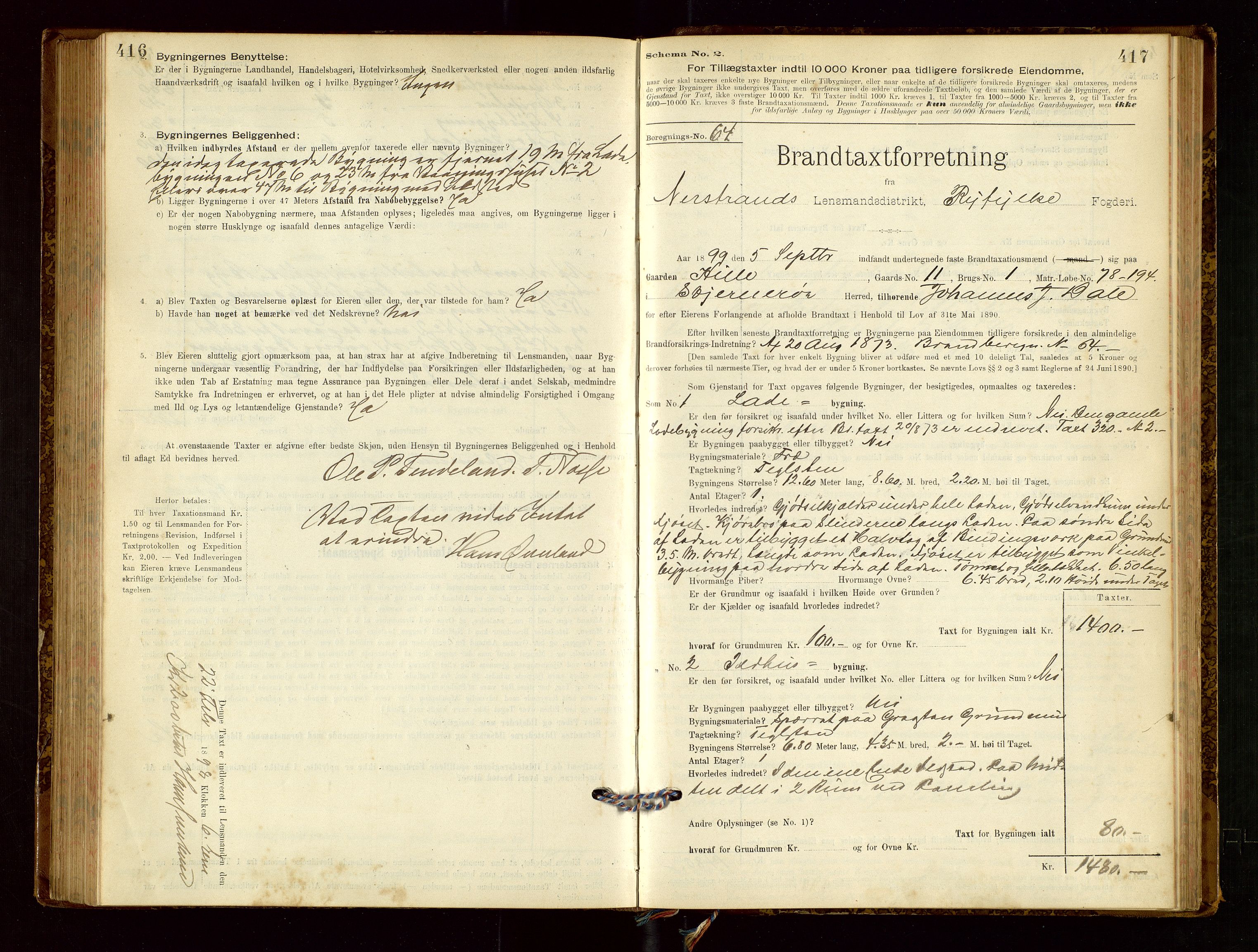 Nedstrand lensmannskontor, SAST/A-100236/Gob/L0001: "Brandtaxationsprotokol for Nerstrand Lensmandsdistrikt Ryfylke fogderi", 1895-1915, s. 416-417