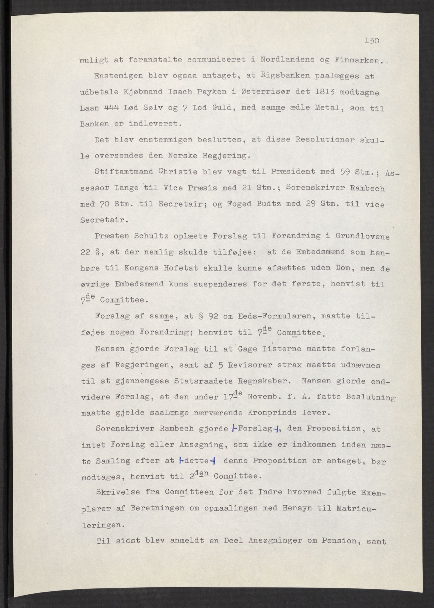 Manuskriptsamlingen, AV/RA-EA-3667/F/L0197: Wetlesen, Hans Jørgen (stortingsmann, ingeniørkaptein); Referat fra Stortinget 1815-1816, 1815-1816, s. 130