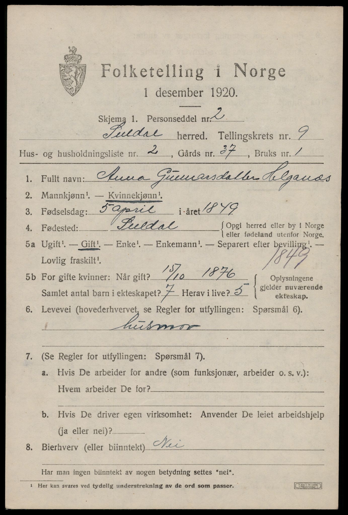 SAST, Folketelling 1920 for 1134 Suldal herred, 1920, s. 2156