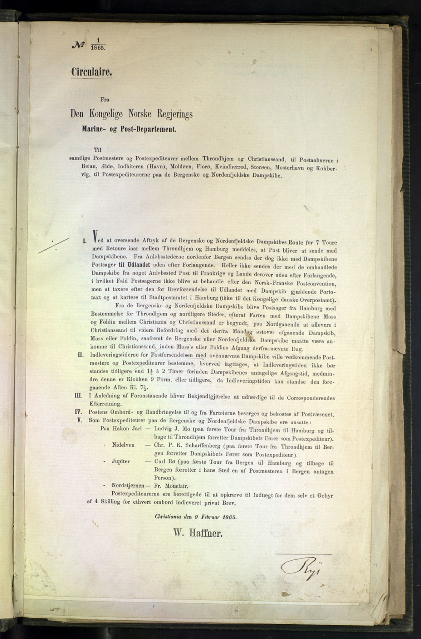 Norges Postmuseums bibliotek, NOPO/-/-/-: Sirkulærer fra Den Kongelige Norske Regjerings Marine- og Postdepartement, 1865