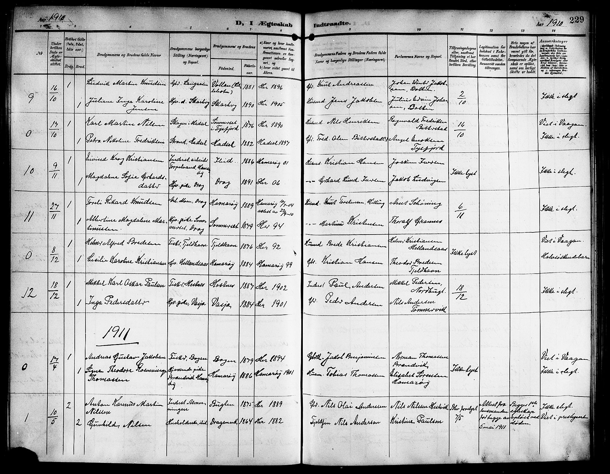 Ministerialprotokoller, klokkerbøker og fødselsregistre - Nordland, AV/SAT-A-1459/861/L0877: Klokkerbok nr. 861C03, 1903-1919, s. 229