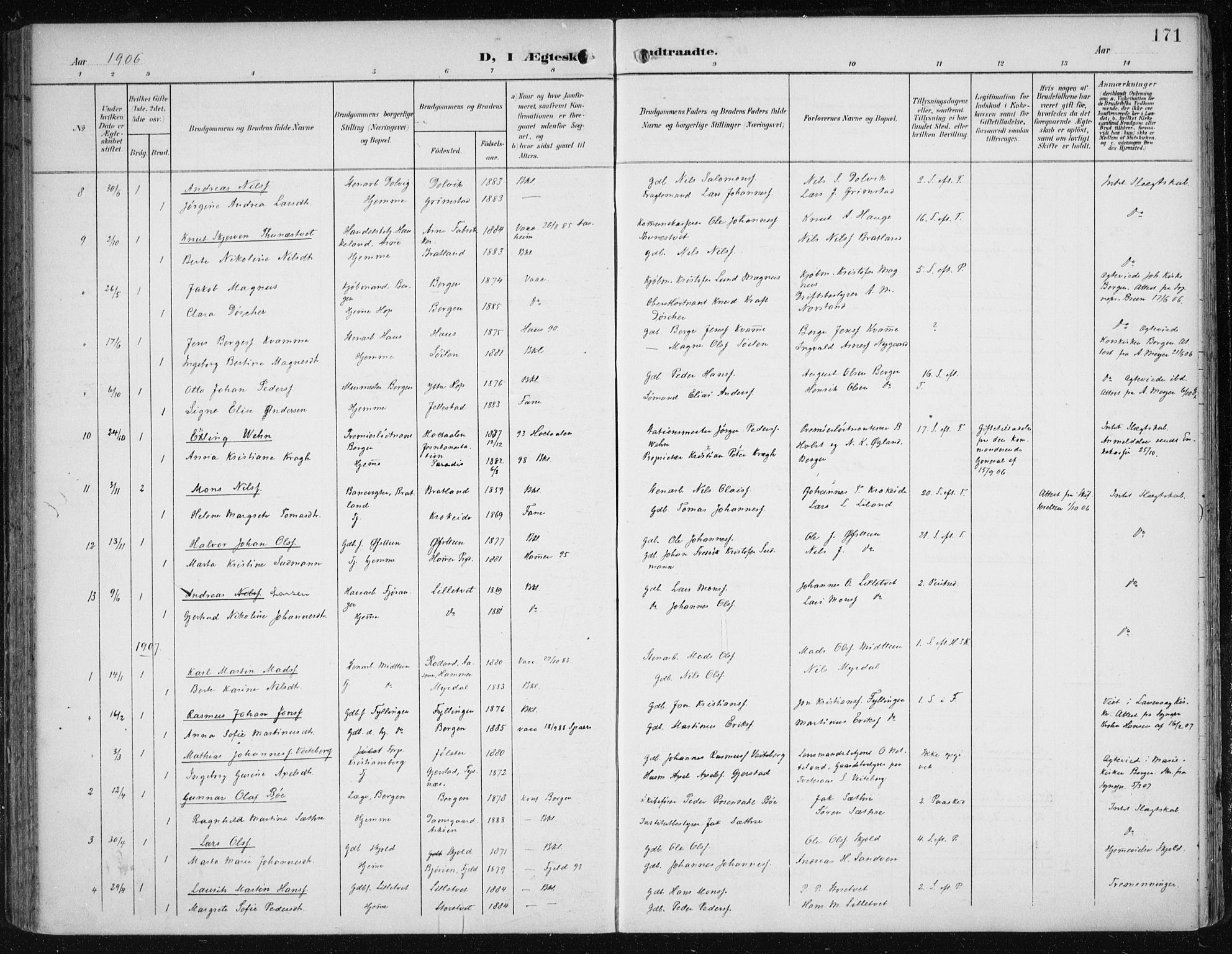 Fana Sokneprestembete, AV/SAB-A-75101/H/Haa/Haai/L0003: Ministerialbok nr. I 3, 1900-1912, s. 171
