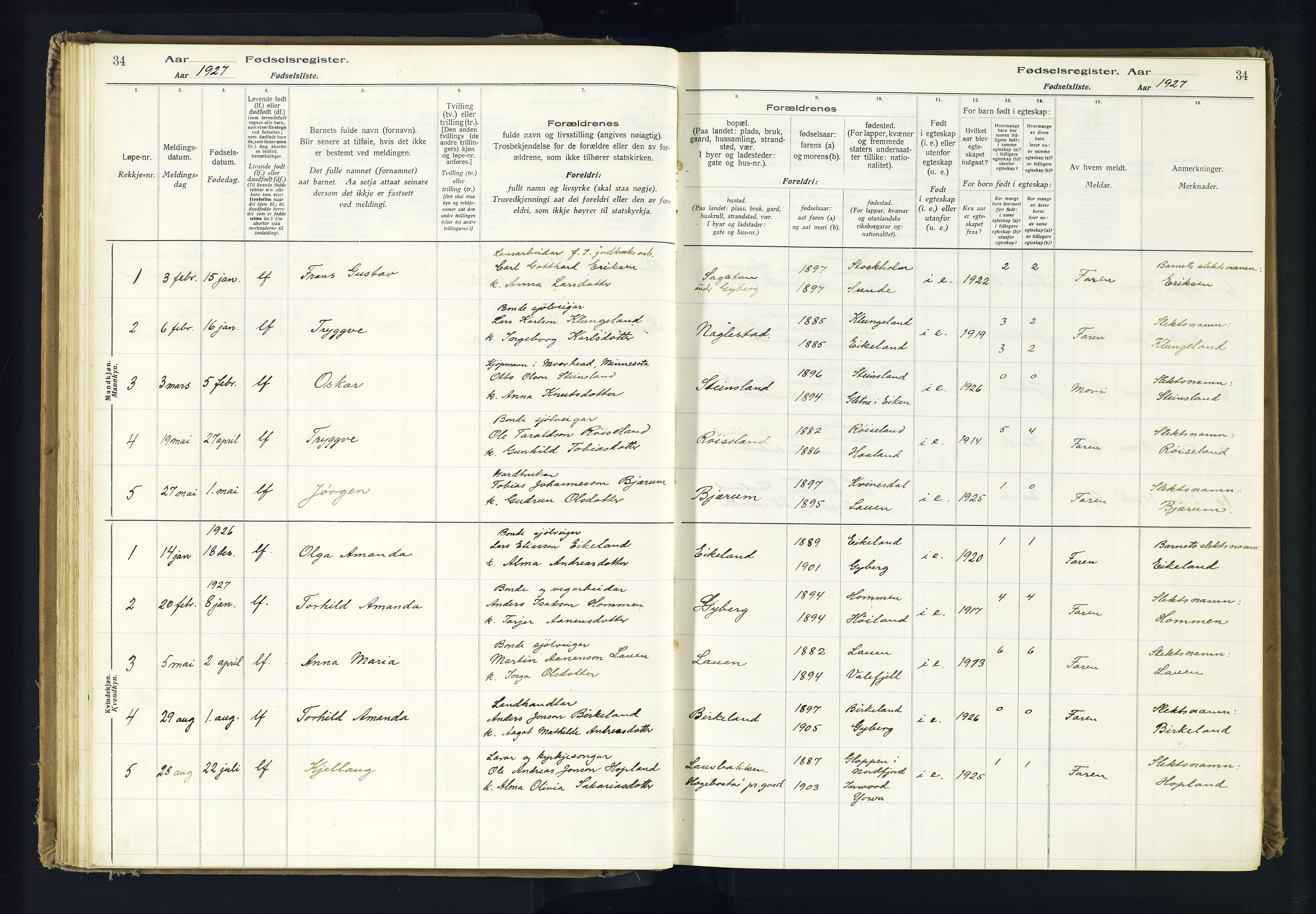 Hægebostad sokneprestkontor, SAK/1111-0024/J/Ja/L0001: Fødselsregister nr. II.6.7, 1916-1982, s. 34