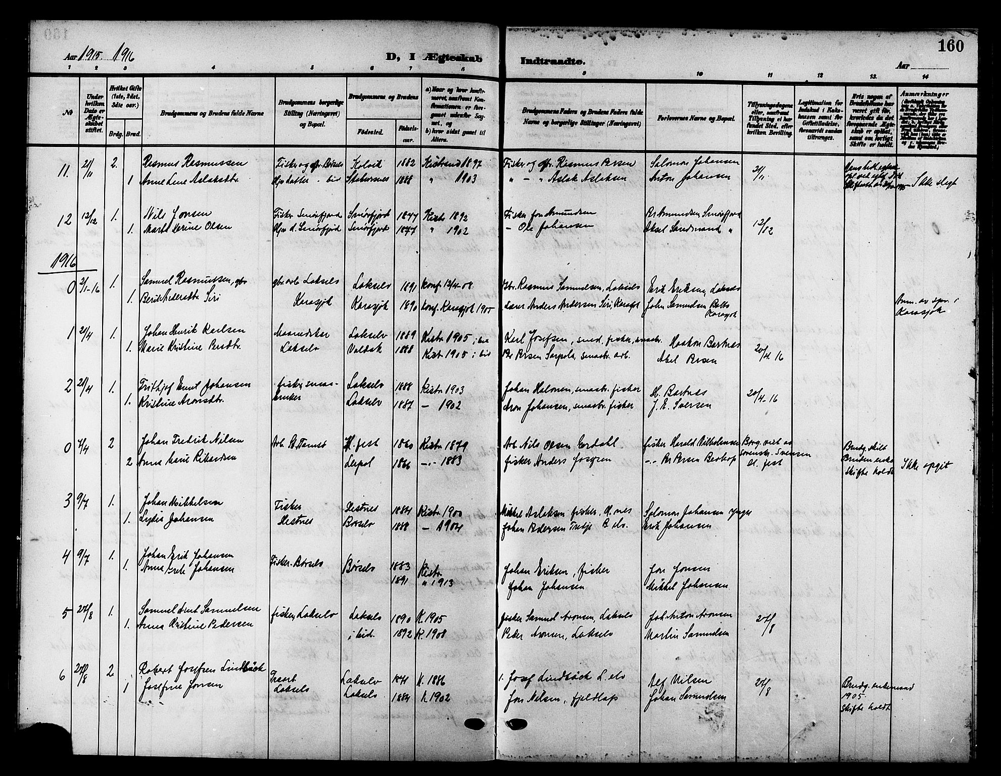 Kistrand/Porsanger sokneprestembete, AV/SATØ-S-1351/H/Hb/L0006.klokk: Klokkerbok nr. 6, 1905-1917, s. 160