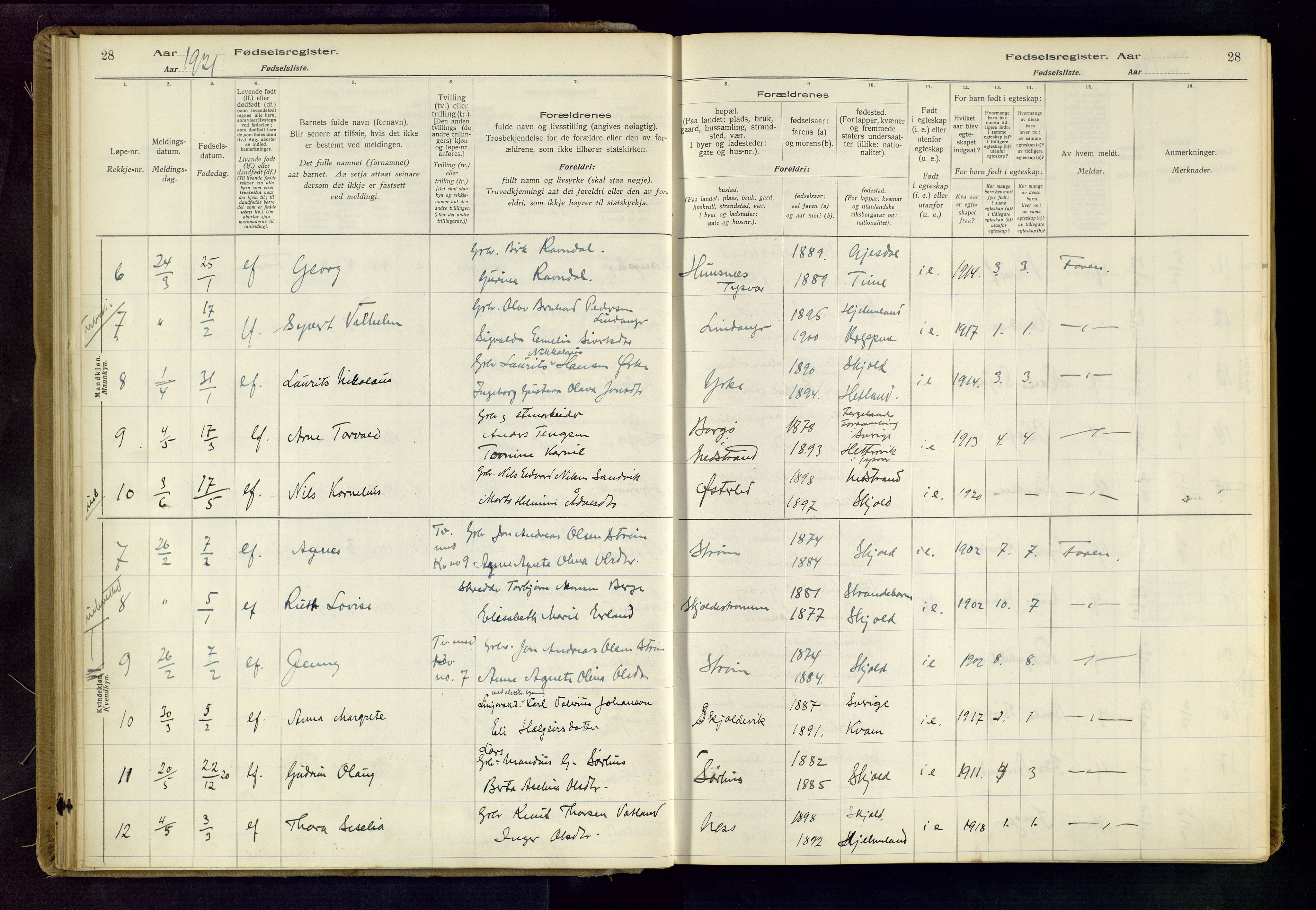 Skjold sokneprestkontor, AV/SAST-A-101847/I/Id/L0001: Fødselsregister nr. 1, 1917-1951, s. 28