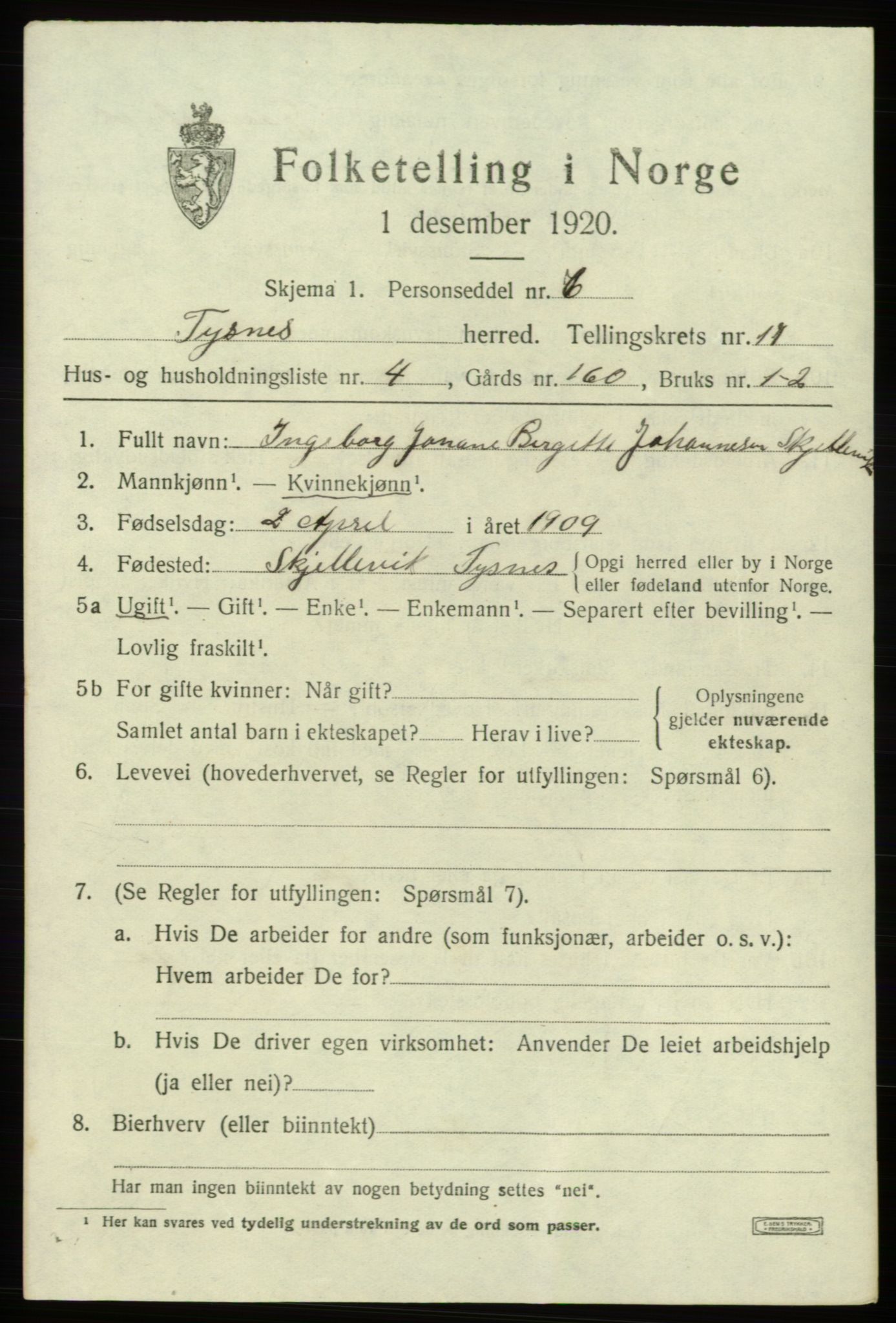 SAB, Folketelling 1920 for 1223 Tysnes herred, 1920, s. 10476