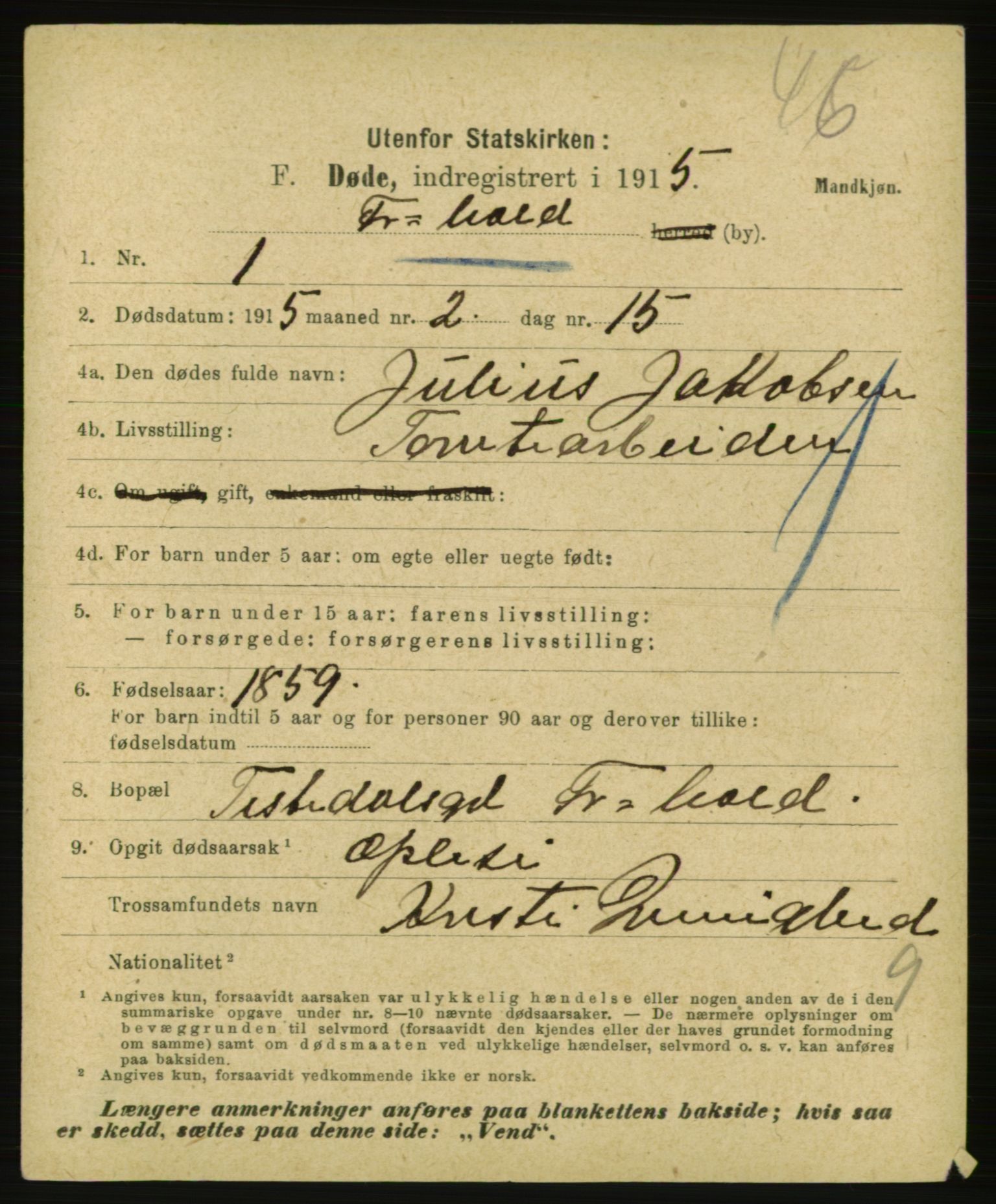 Statistisk sentralbyrå, Sosiodemografiske emner, Befolkning, AV/RA-S-2228/E/L0013: Fødte, gifte, døde dissentere., 1915, s. 2265