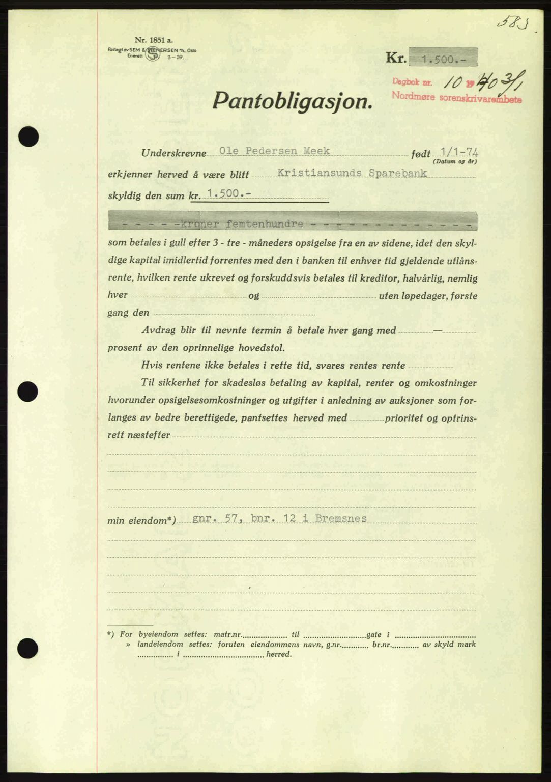 Nordmøre sorenskriveri, AV/SAT-A-4132/1/2/2Ca: Pantebok nr. B86, 1939-1940, Dagboknr: 10/1940