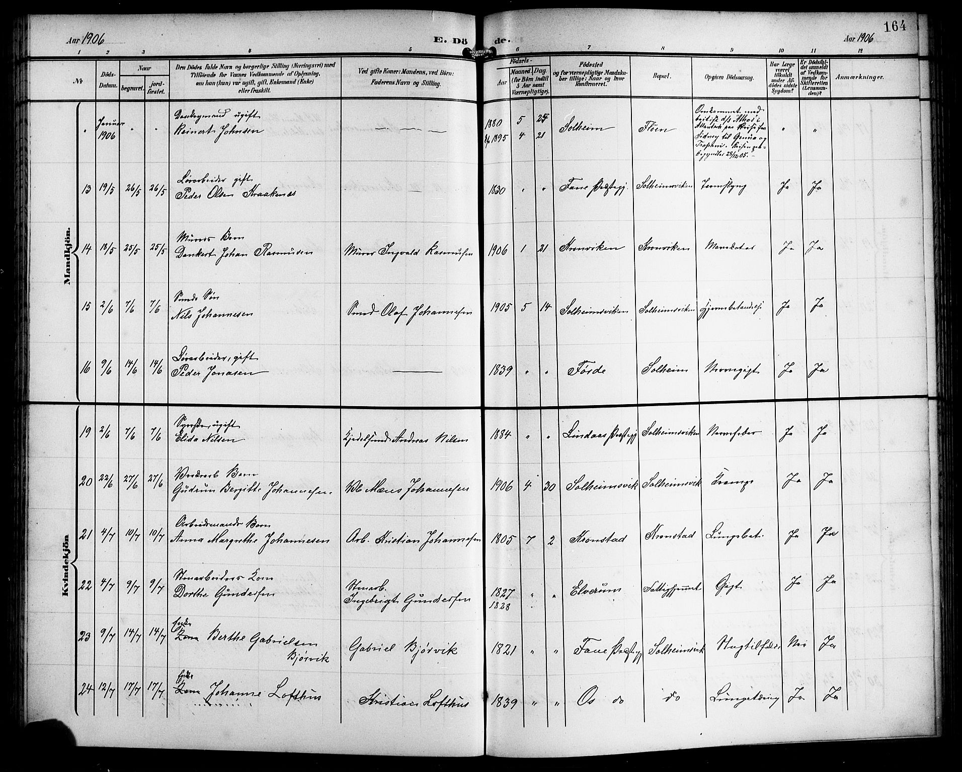 Årstad Sokneprestembete, AV/SAB-A-79301/H/Hab/L0018: Klokkerbok nr. C 1, 1902-1919, s. 164