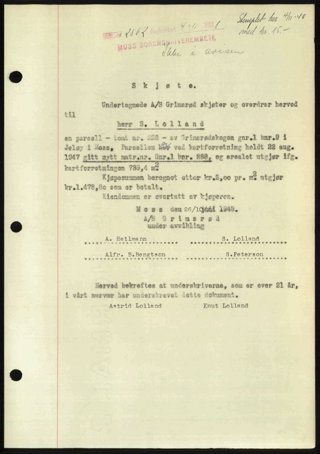 Moss sorenskriveri, SAO/A-10168: Pantebok nr. A20, 1948-1948, Dagboknr: 2862/1948