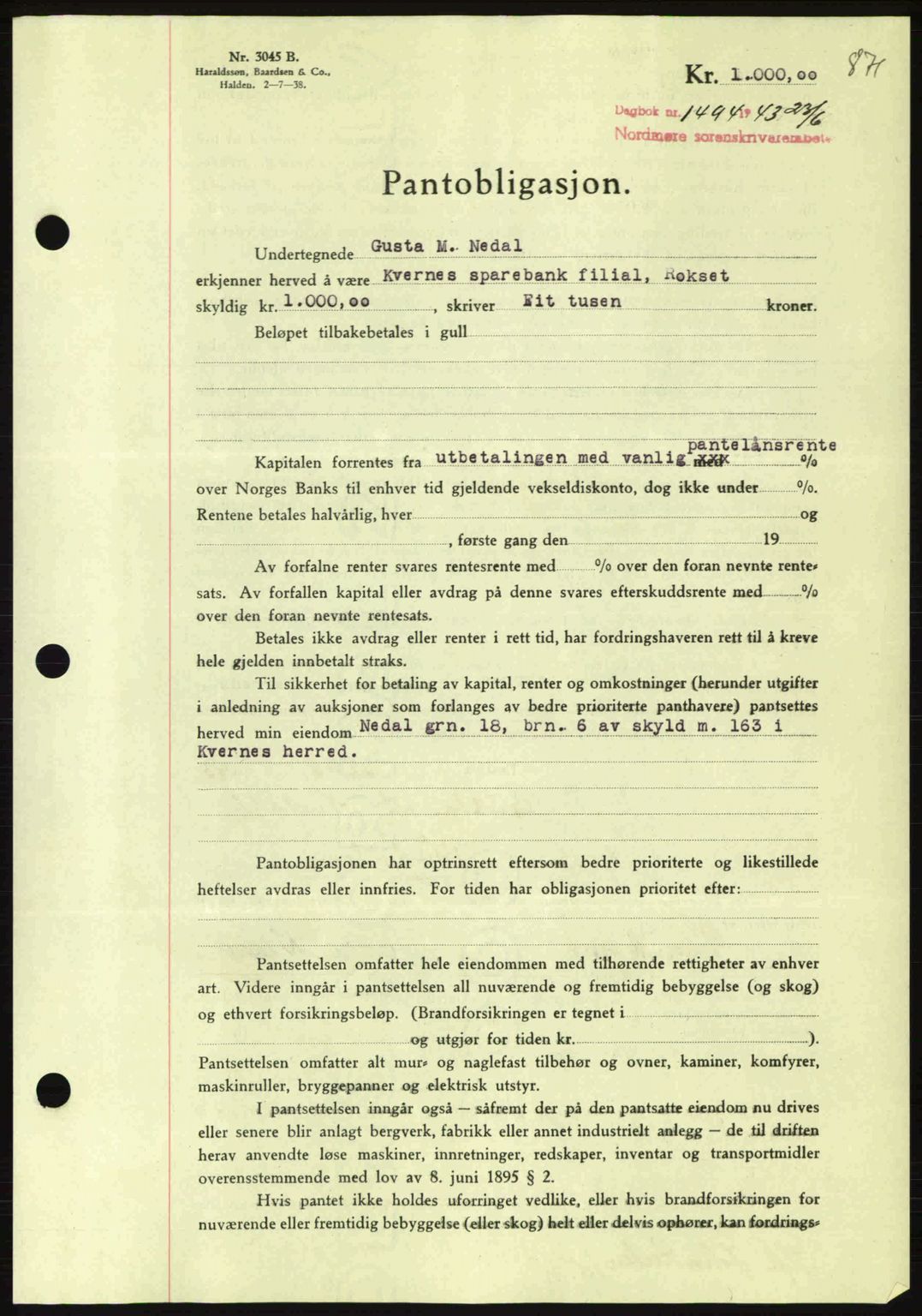 Nordmøre sorenskriveri, AV/SAT-A-4132/1/2/2Ca: Pantebok nr. B90, 1942-1943, Dagboknr: 1494/1943