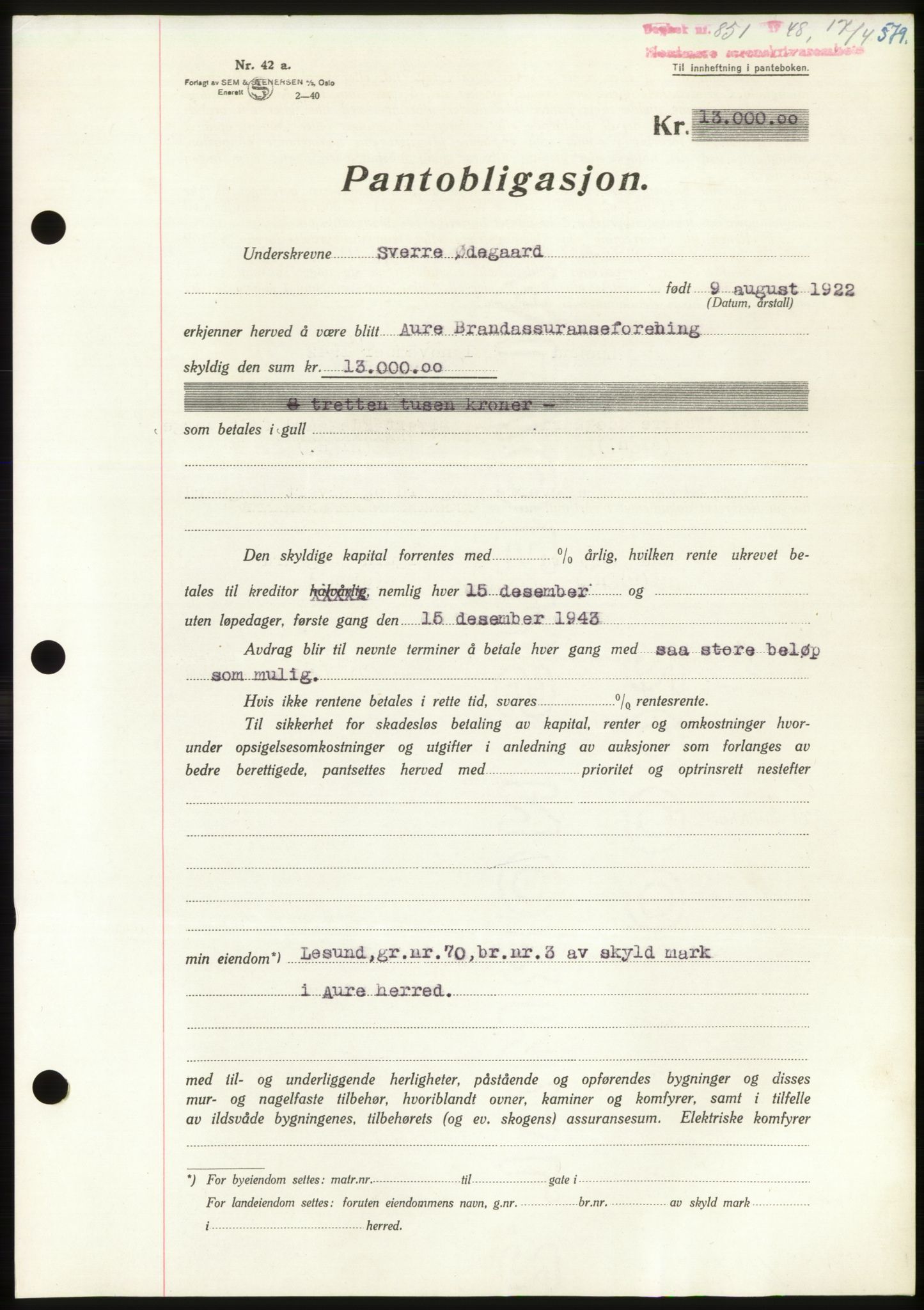 Nordmøre sorenskriveri, SAT/A-4132/1/2/2Ca: Pantebok nr. B98, 1948-1948, Dagboknr: 851/1948