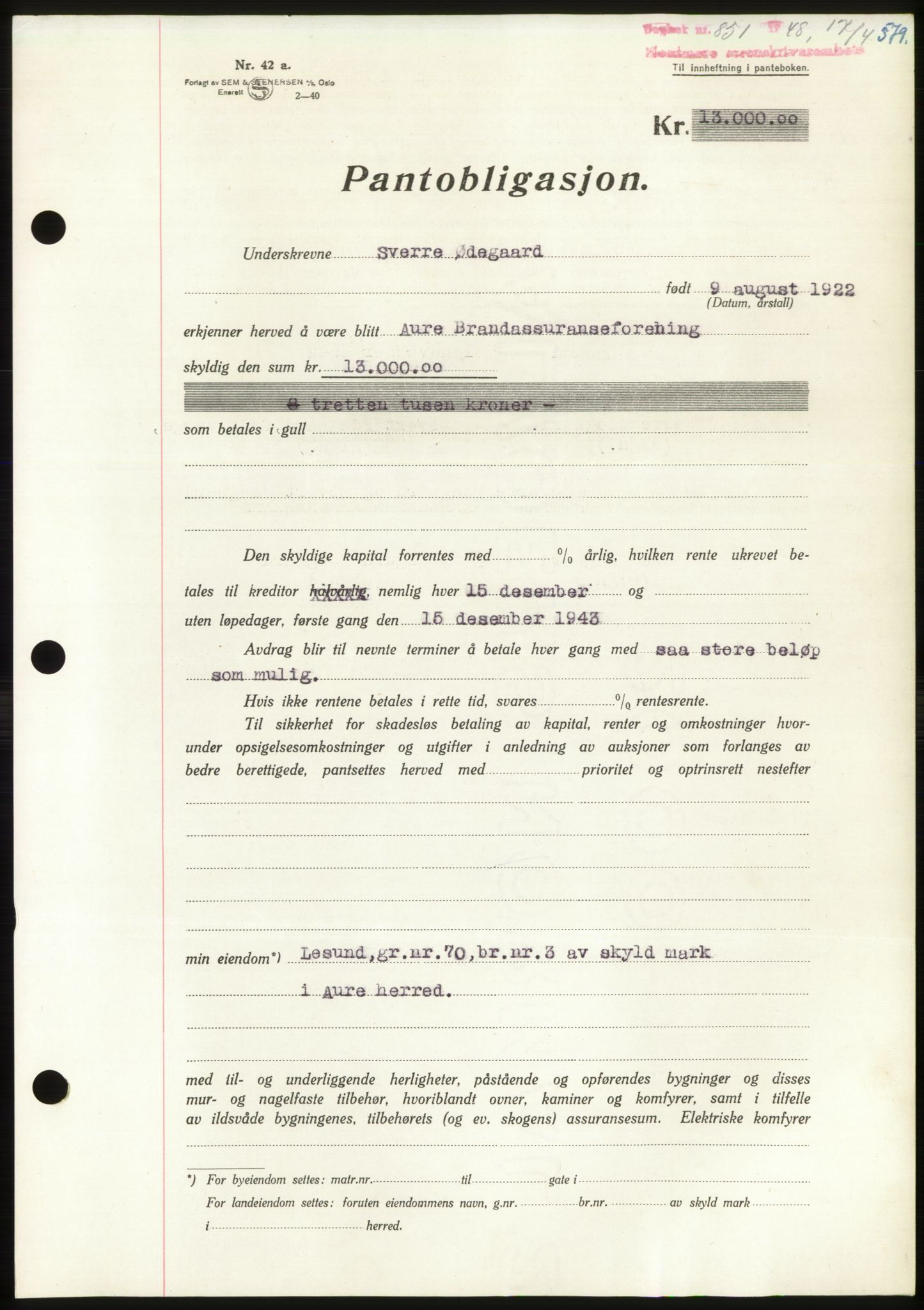 Nordmøre sorenskriveri, AV/SAT-A-4132/1/2/2Ca: Pantebok nr. B98, 1948-1948, Dagboknr: 851/1948