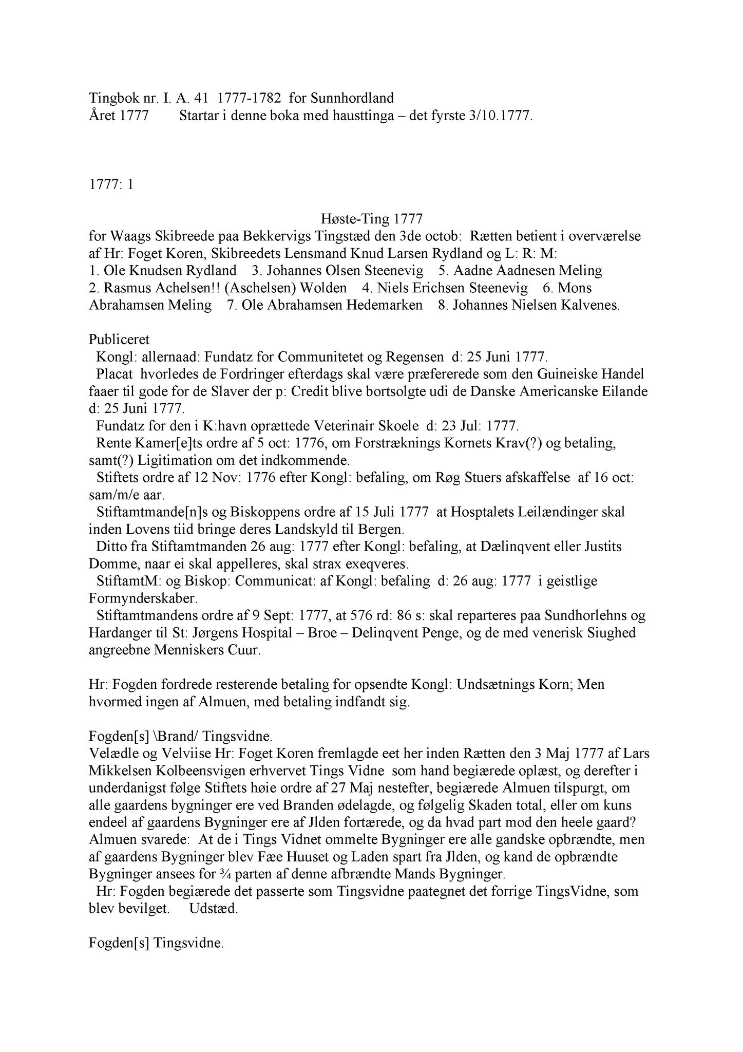 Samling av fulltekstavskrifter, SAB/FULLTEKST/A/12/0041: Sunnhordland sorenskriveri, tingbok nr. A 41, 1777-1782