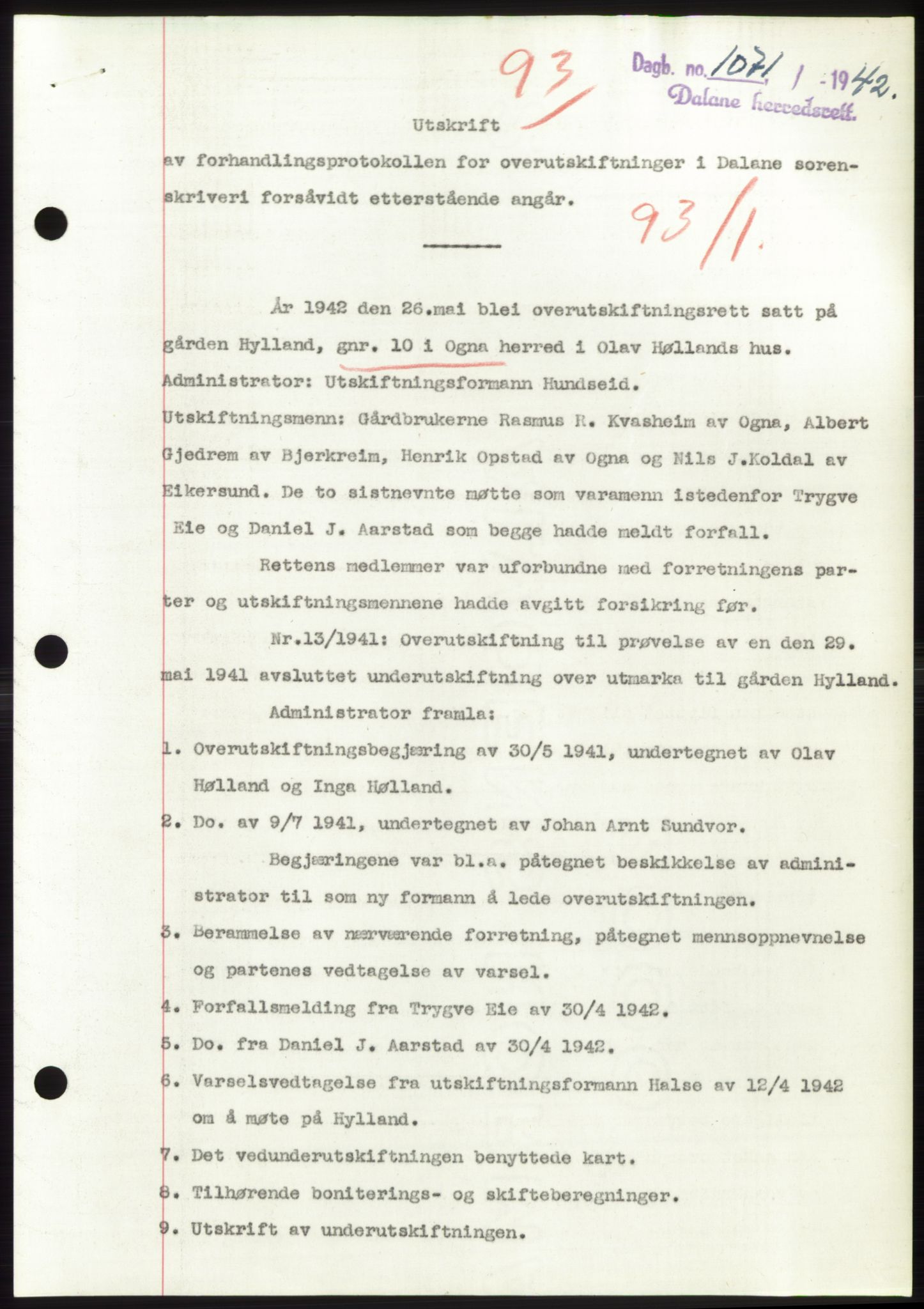 Dalane sorenskriveri, SAST/A-100309/02/G/Gb/L0058: Pantebok, 1926-1950, Tingl.dato: 27.11.1942