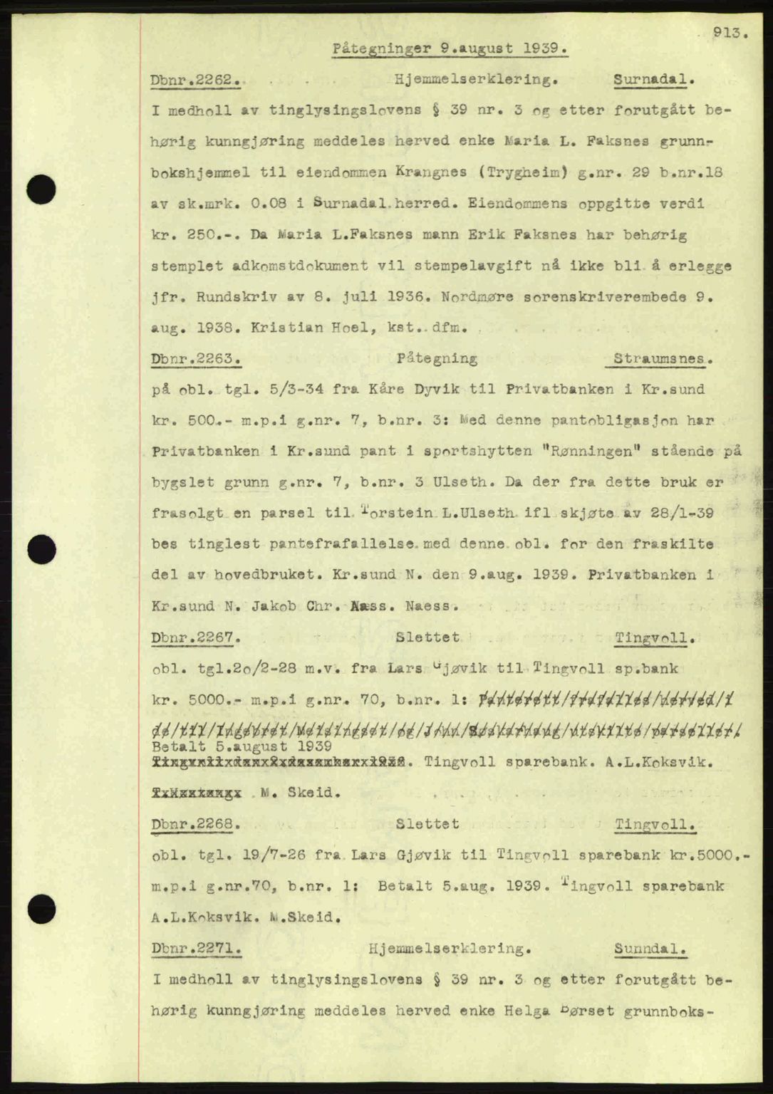 Nordmøre sorenskriveri, SAT/A-4132/1/2/2Ca: Pantebok nr. C80, 1936-1939, Dagboknr: 2262/1939