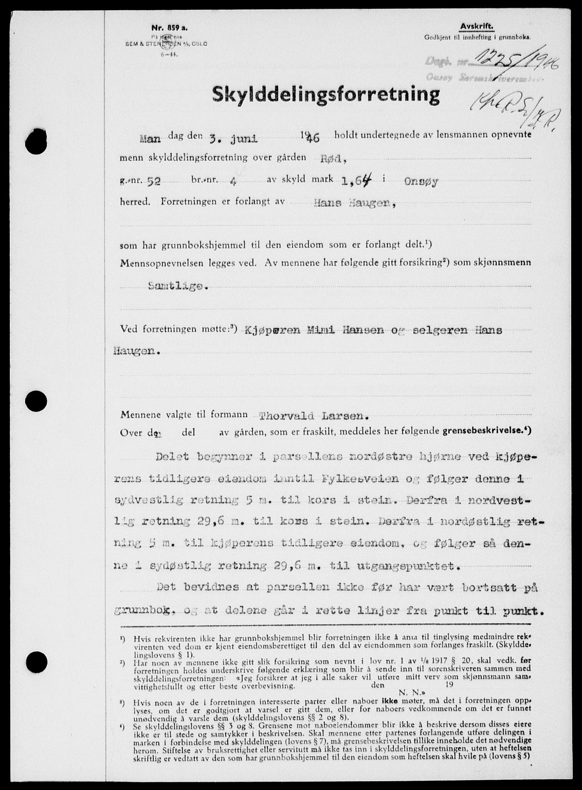 Onsøy sorenskriveri, SAO/A-10474/G/Ga/Gab/L0016: Pantebok nr. II A-16, 1946-1946, Dagboknr: 1225/1946