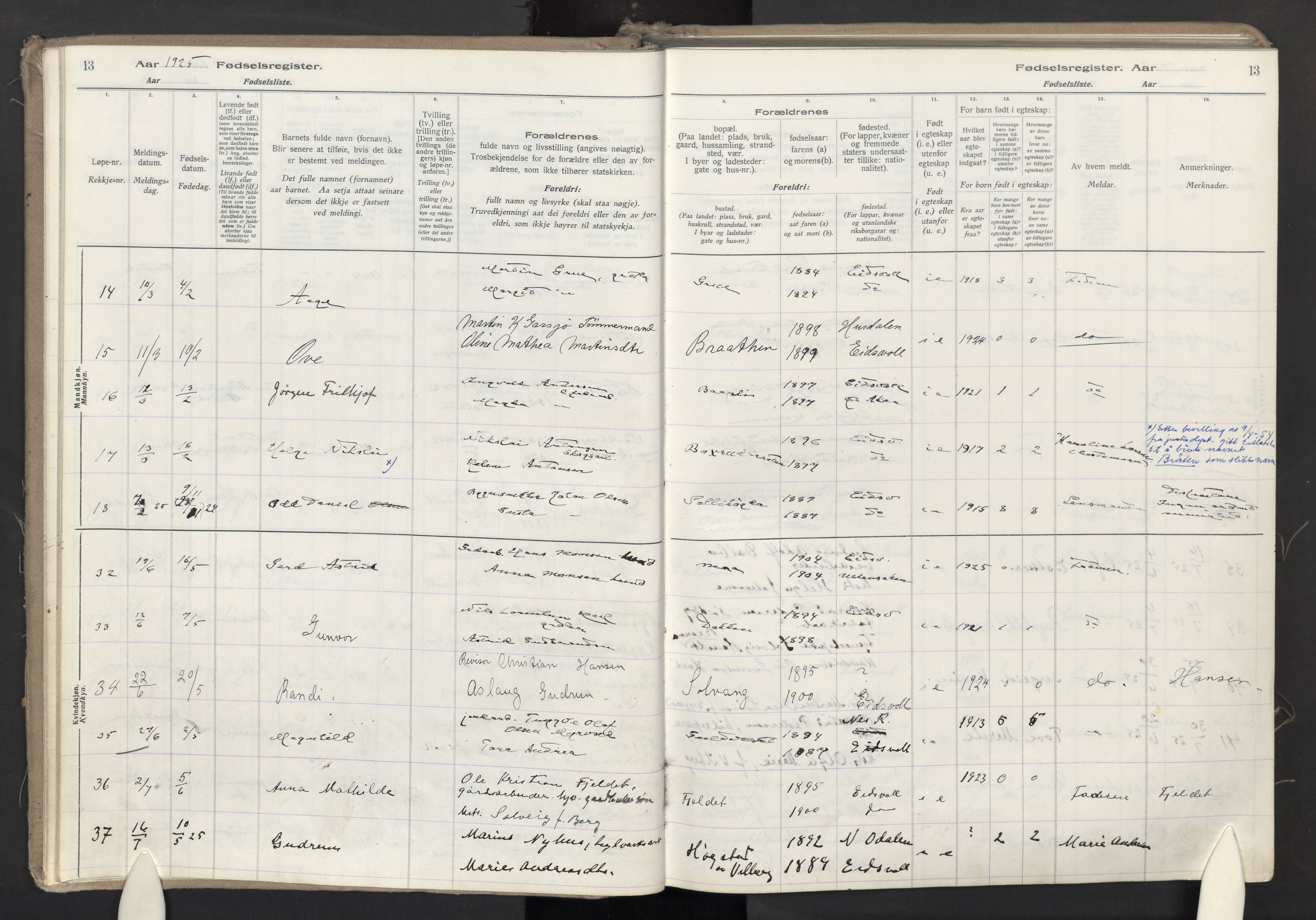 Eidsvoll prestekontor Kirkebøker, AV/SAO-A-10888/J/Ja/L0002: Fødselsregister nr. I 2, 1924-1937, s. 13