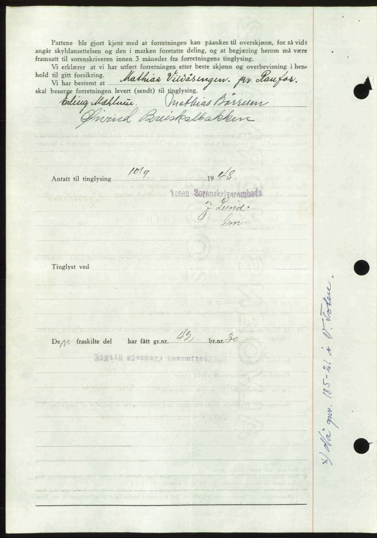 Toten tingrett, SAH/TING-006/H/Hb/Hbc/L0020: Pantebok nr. Hbc-20, 1948-1948, Dagboknr: 2878/1948