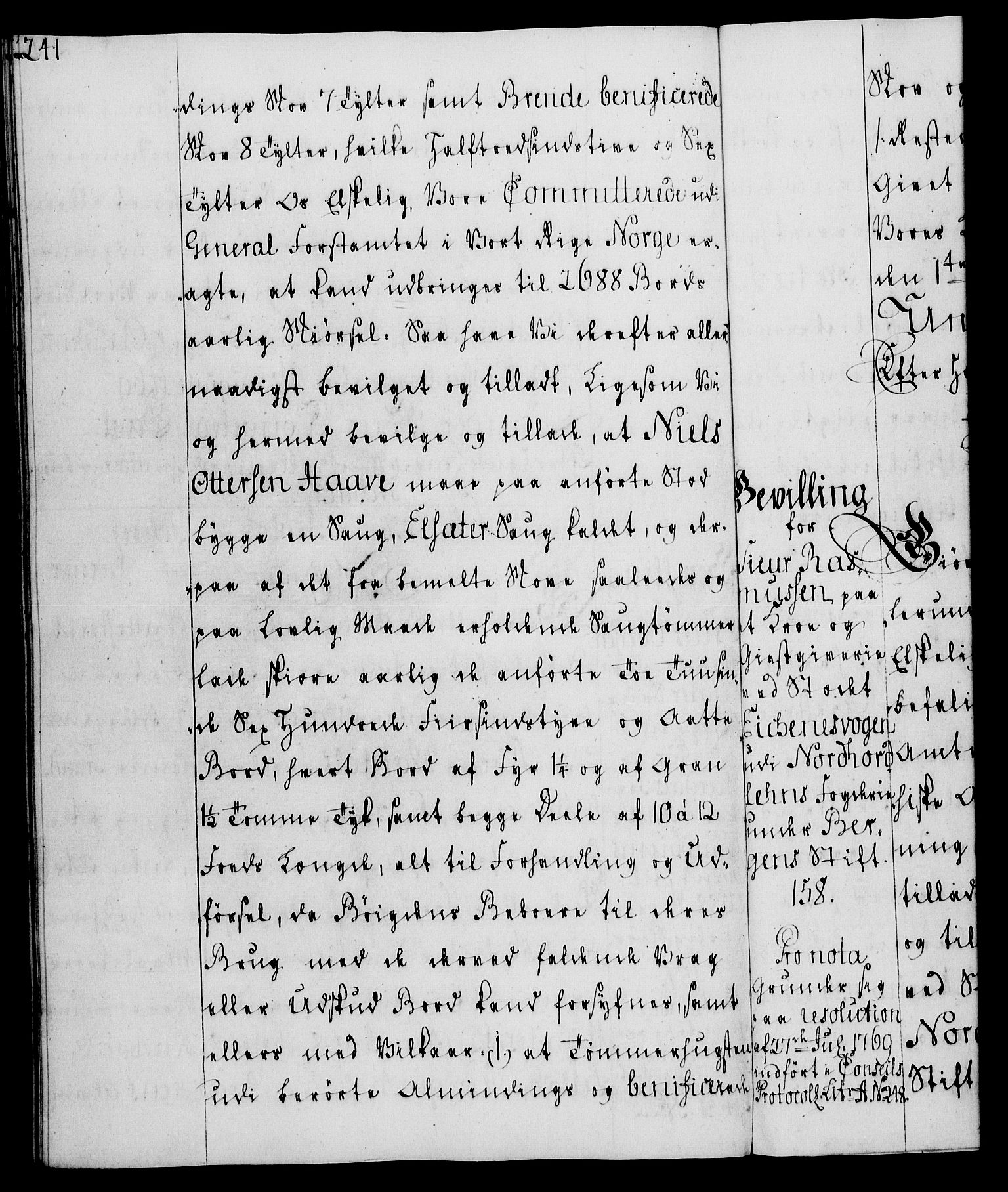 Rentekammeret, Kammerkanselliet, AV/RA-EA-3111/G/Gg/Gga/L0008: Norsk ekspedisjonsprotokoll med register (merket RK 53.8), 1768-1771, s. 241