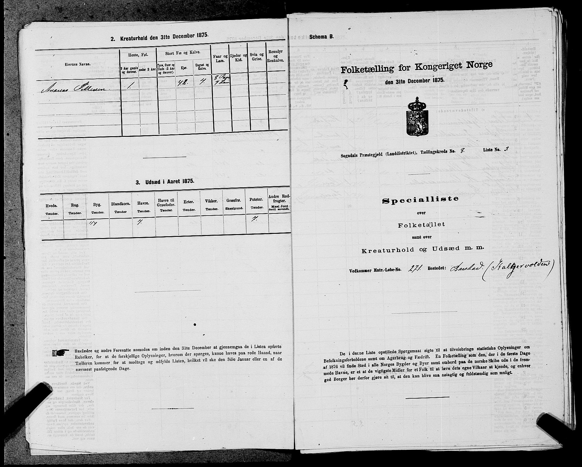 SAST, Folketelling 1875 for 1111L Sokndal prestegjeld, Sokndal landsokn, 1875, s. 717