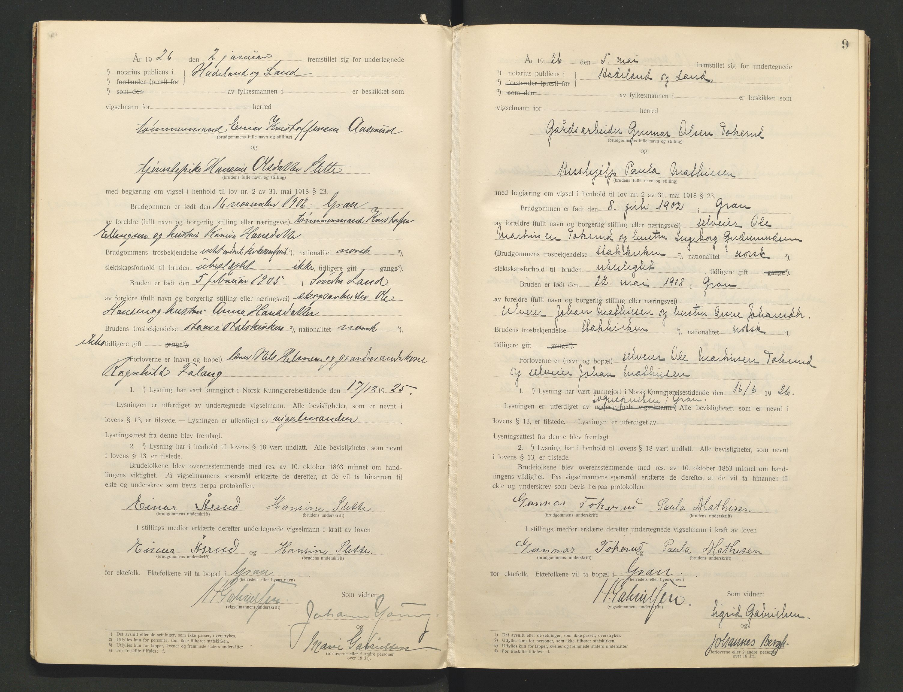Hadeland og Land tingrett, AV/SAH-TING-010/L/Lb/L0001: Vigselbok, 1920-1943, s. 9