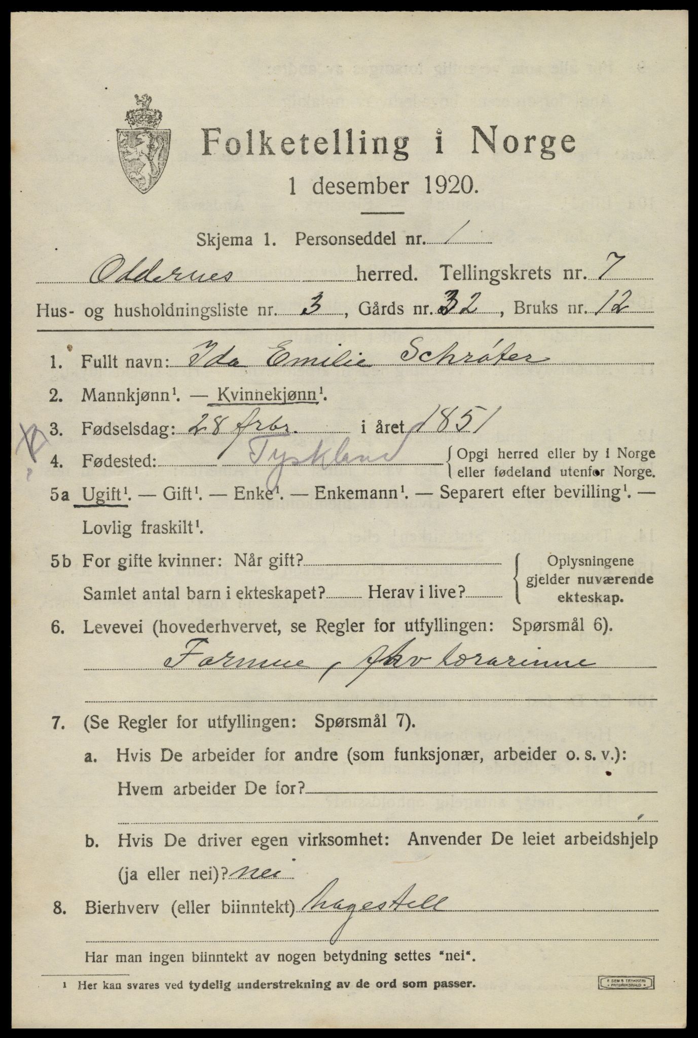 SAK, Folketelling 1920 for 1012 Oddernes herred, 1920, s. 5405