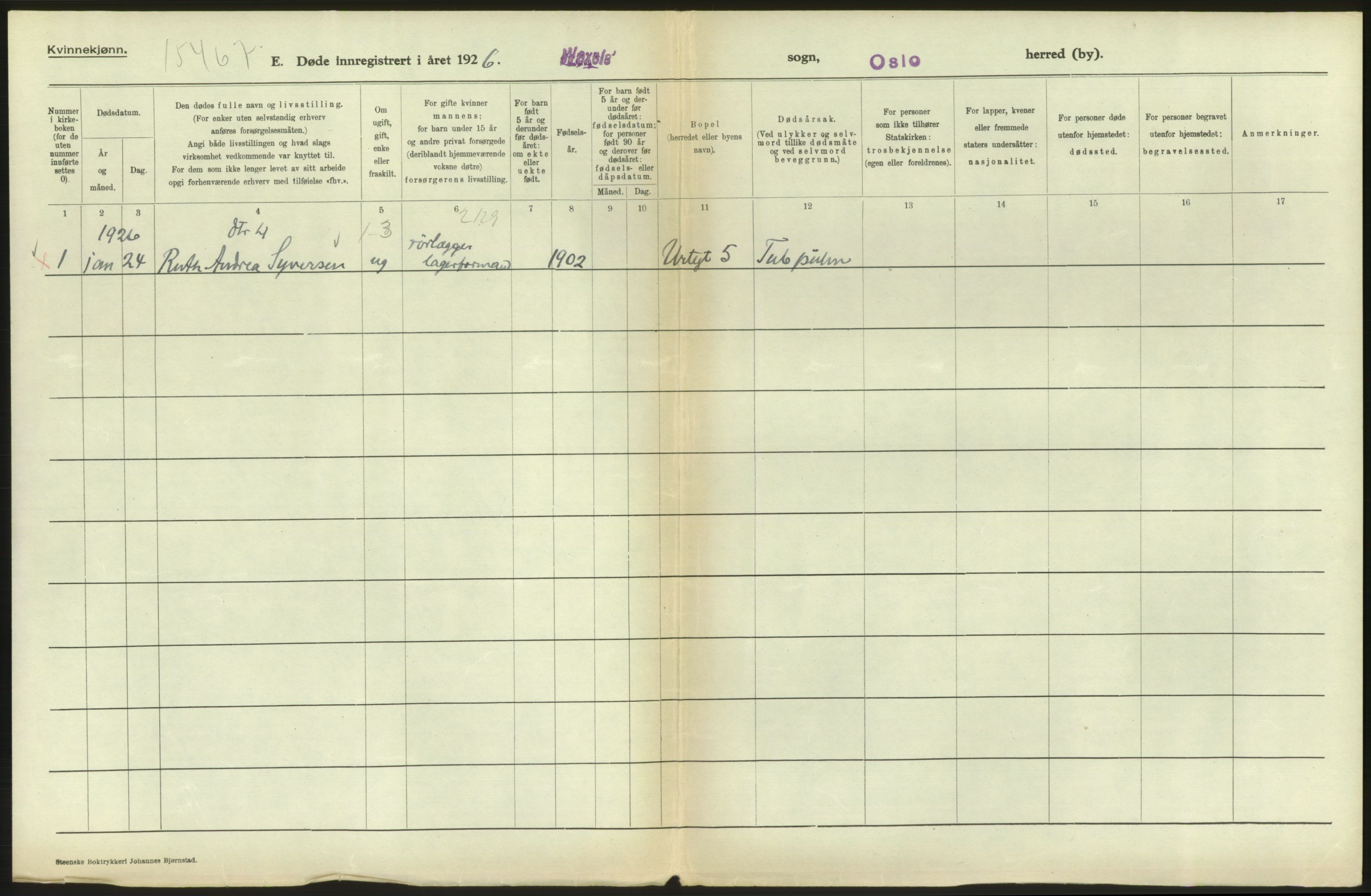 Statistisk sentralbyrå, Sosiodemografiske emner, Befolkning, AV/RA-S-2228/D/Df/Dfc/Dfcf/L0010: Oslo: Døde kvinner, dødfødte, 1926, s. 516