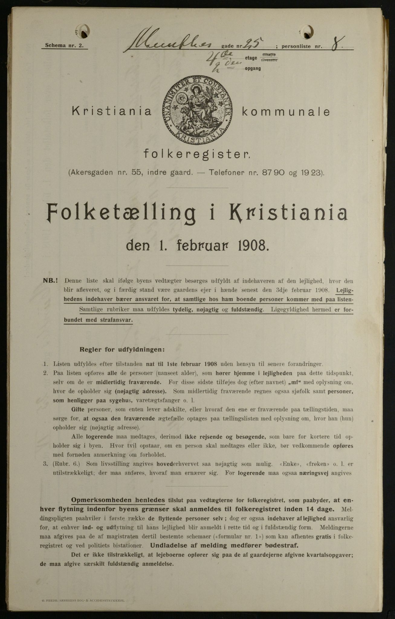 OBA, Kommunal folketelling 1.2.1908 for Kristiania kjøpstad, 1908, s. 61005