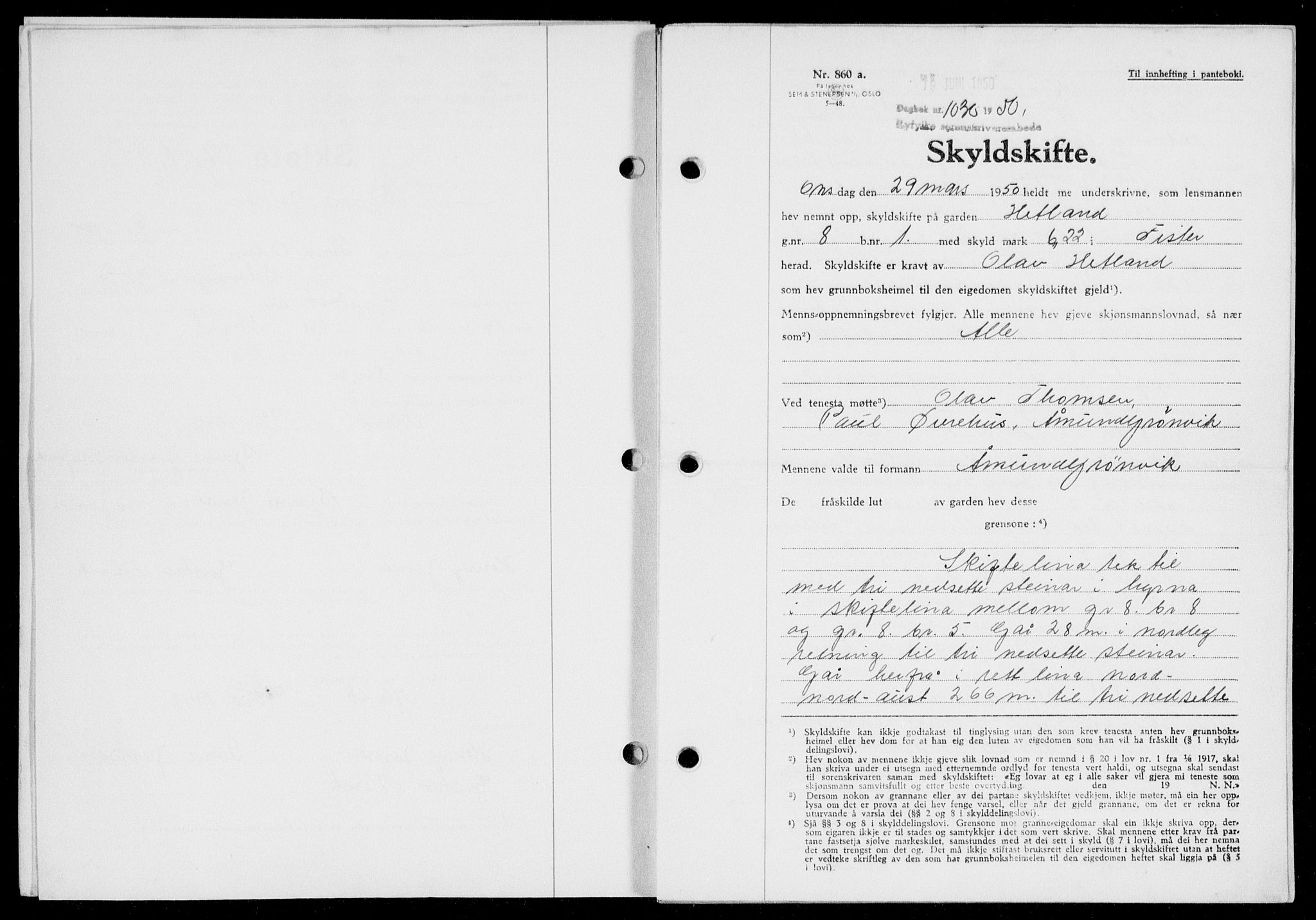 Ryfylke tingrett, SAST/A-100055/001/II/IIB/L0109: Pantebok nr. 88, 1950-1950, Dagboknr: 1030/1950