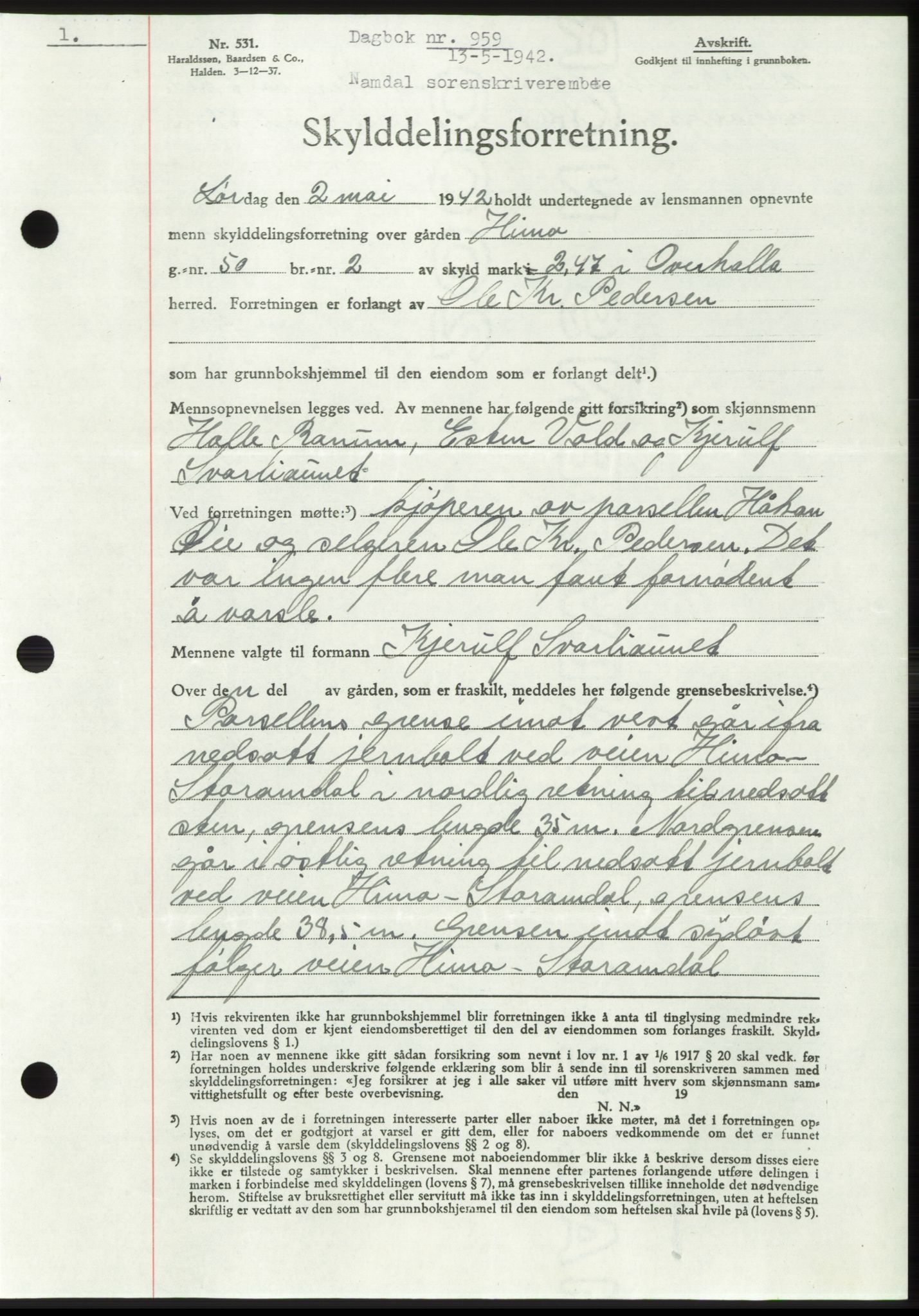 Namdal sorenskriveri, SAT/A-4133/1/2/2C: Pantebok nr. -, 1941-1942, Dagboknr: 959/1942