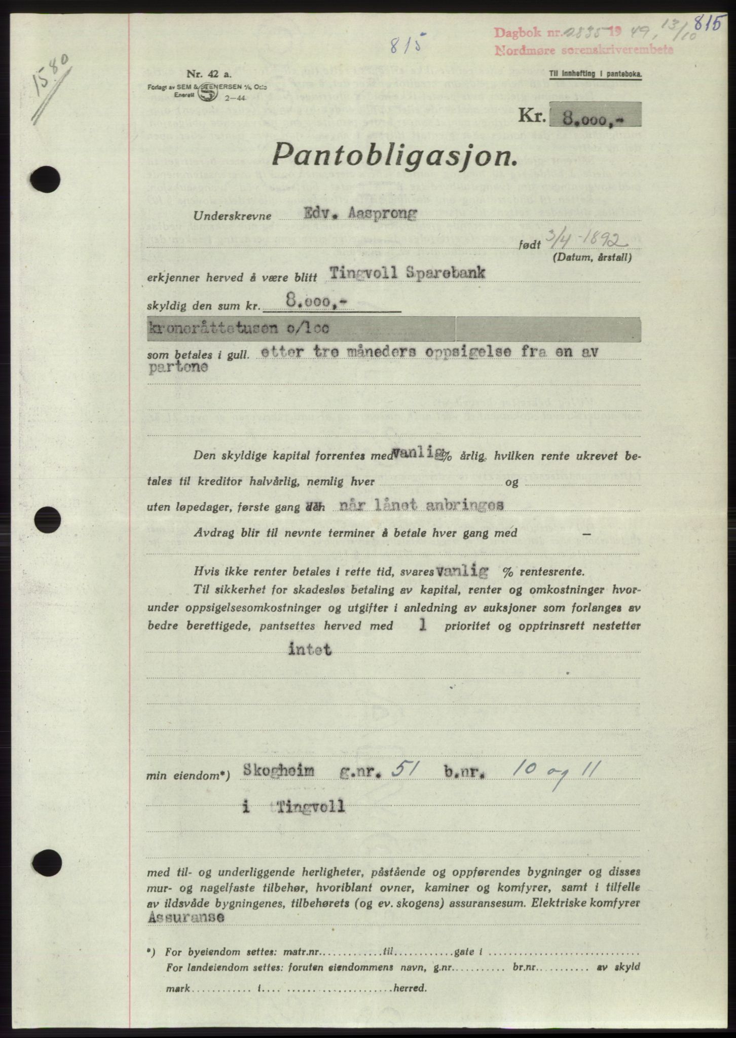 Nordmøre sorenskriveri, SAT/A-4132/1/2/2Ca: Pantebok nr. B102, 1949-1949, Dagboknr: 2835/1949