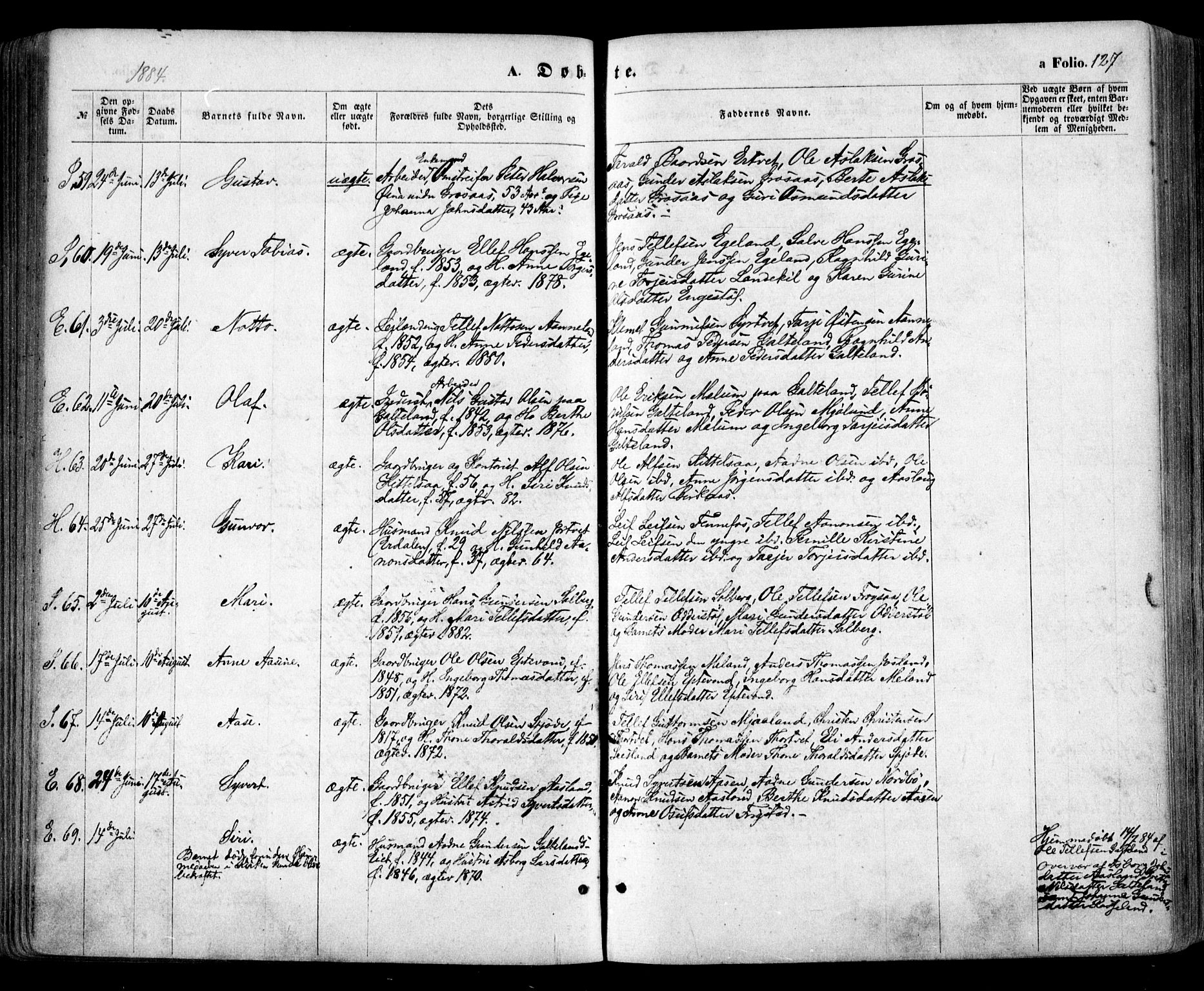 Evje sokneprestkontor, AV/SAK-1111-0008/F/Fa/Faa/L0006: Ministerialbok nr. A 6, 1866-1884, s. 127