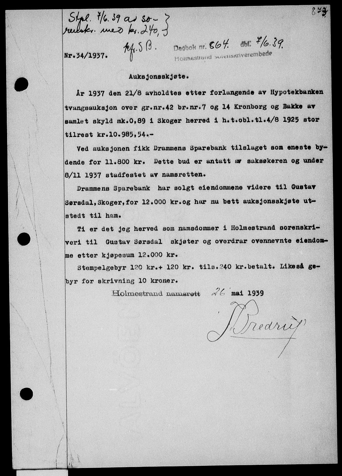 Holmestrand sorenskriveri, SAKO/A-67/G/Ga/Gaa/L0050: Pantebok nr. A-50, 1938-1939, Dagboknr: 864/1939