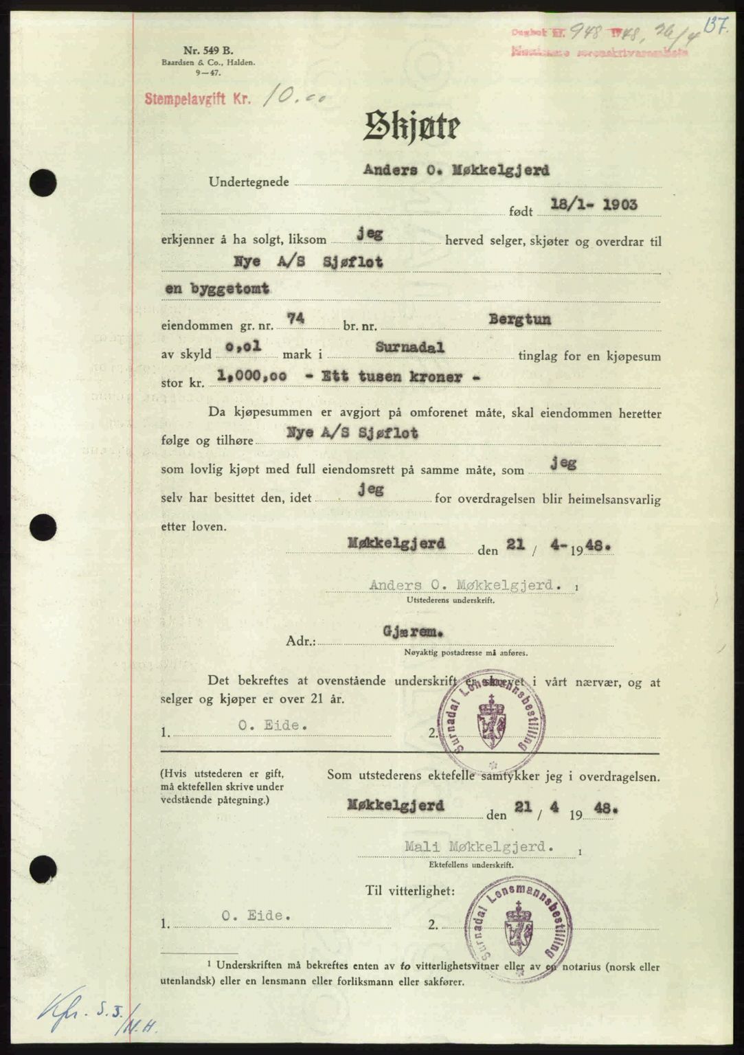 Nordmøre sorenskriveri, SAT/A-4132/1/2/2Ca: Pantebok nr. A108, 1948-1948, Dagboknr: 948/1948