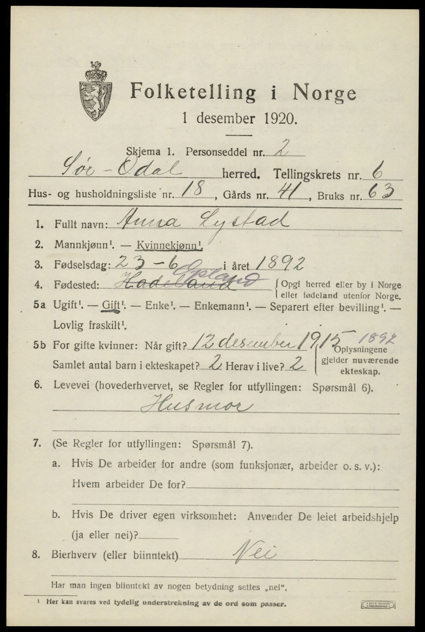 SAH, Folketelling 1920 for 0419 Sør-Odal herred, 1920, s. 6959