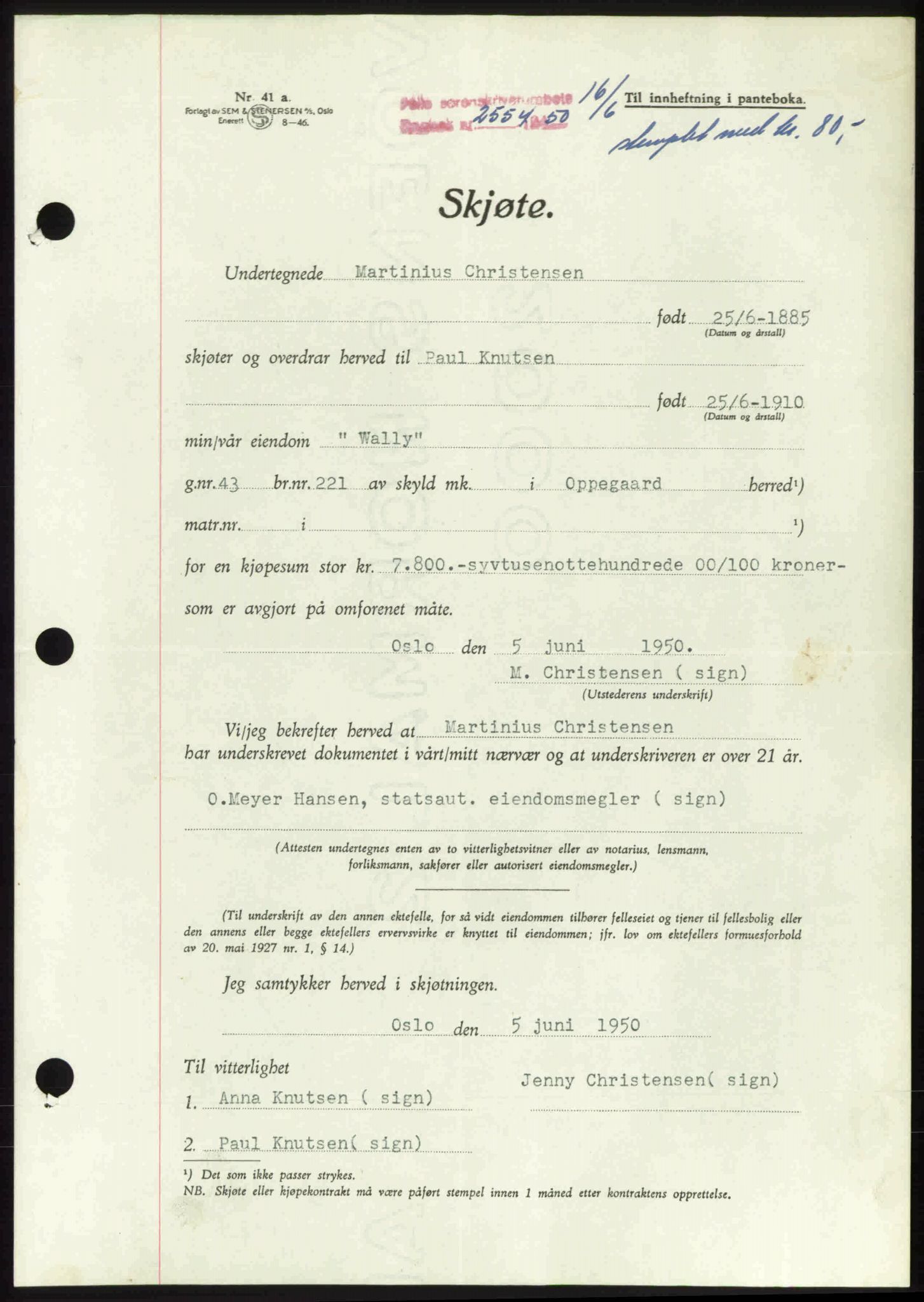 Follo sorenskriveri, SAO/A-10274/G/Ga/Gaa/L0092: Pantebok nr. I 92, 1950-1950, Dagboknr: 2554/1950