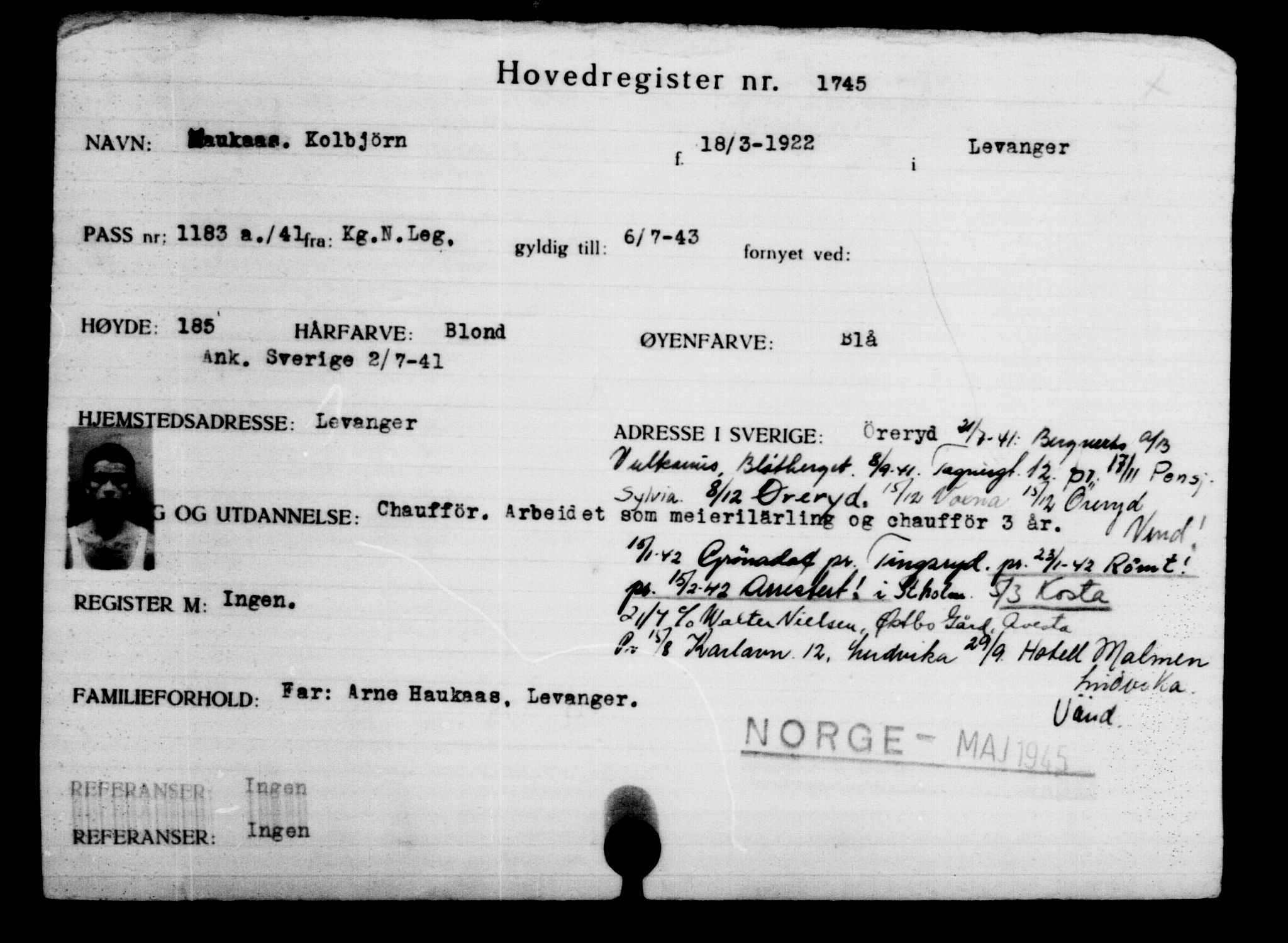 Utenriksstasjonene, Legasjonen i Stockholm, Flyktningkontoret, AV/RA-S-6753/V/Va/L0002: Kjesäterkartoteket, flyktninger med registreringsnr. 1001-2000, 1940-1945, s. 1056