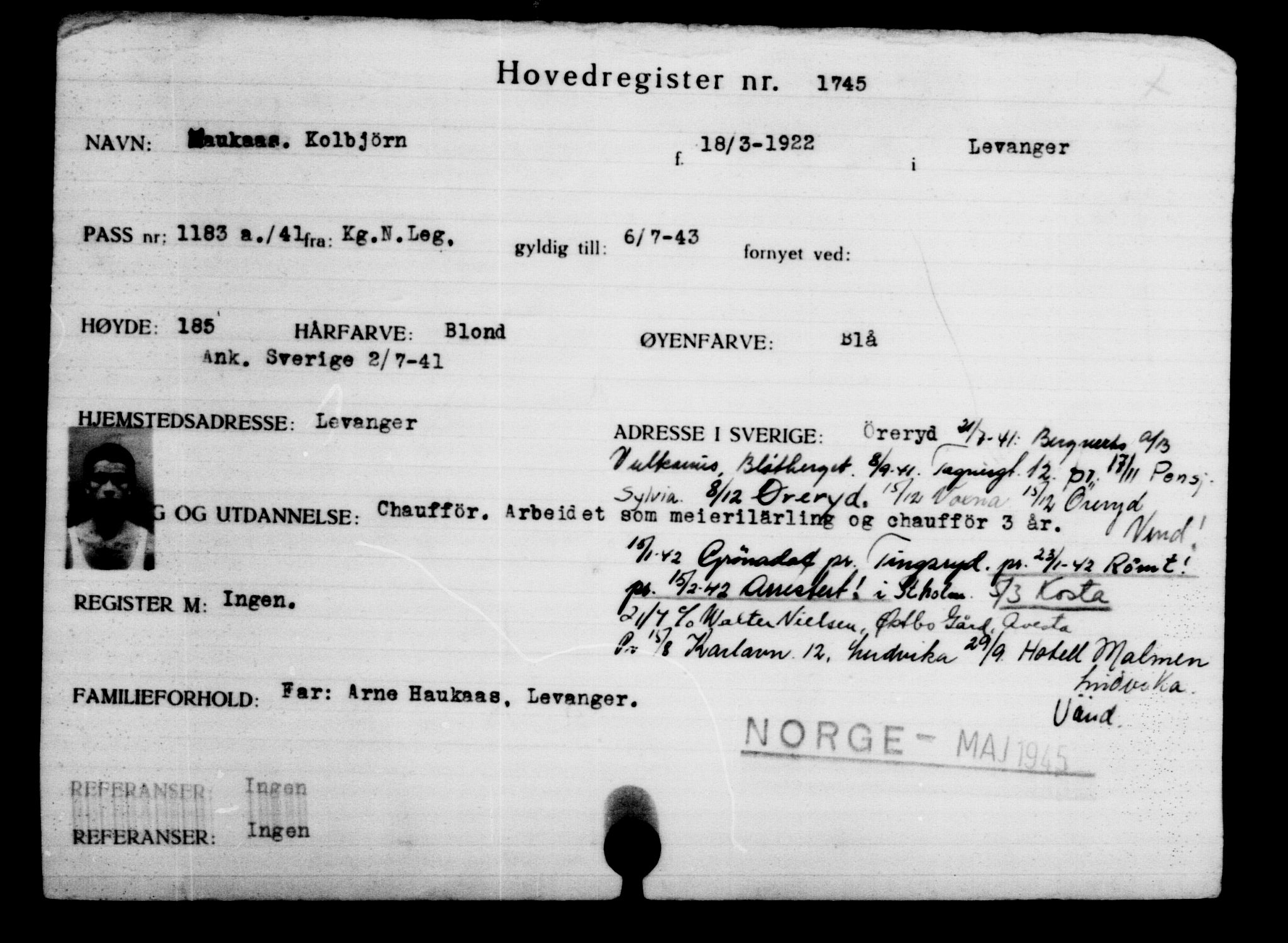 Den Kgl. Norske Legasjons Flyktningskontor, RA/S-6753/V/Va/L0002: Kjesäterkartoteket.  Flyktningenr. 1001-2000, 1940-1945, s. 1056