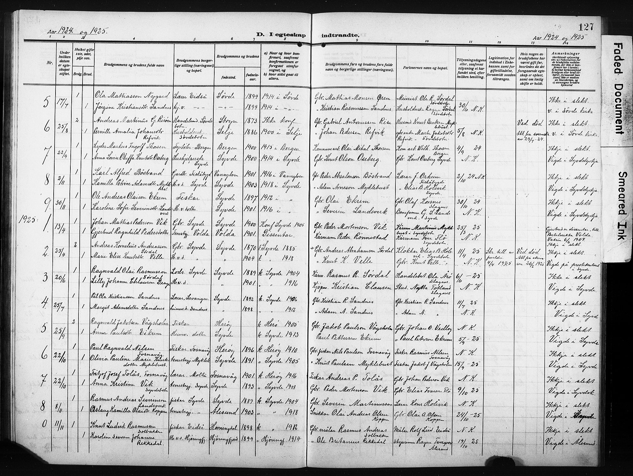 Ministerialprotokoller, klokkerbøker og fødselsregistre - Møre og Romsdal, AV/SAT-A-1454/502/L0028: Klokkerbok nr. 502C02, 1909-1932, s. 127