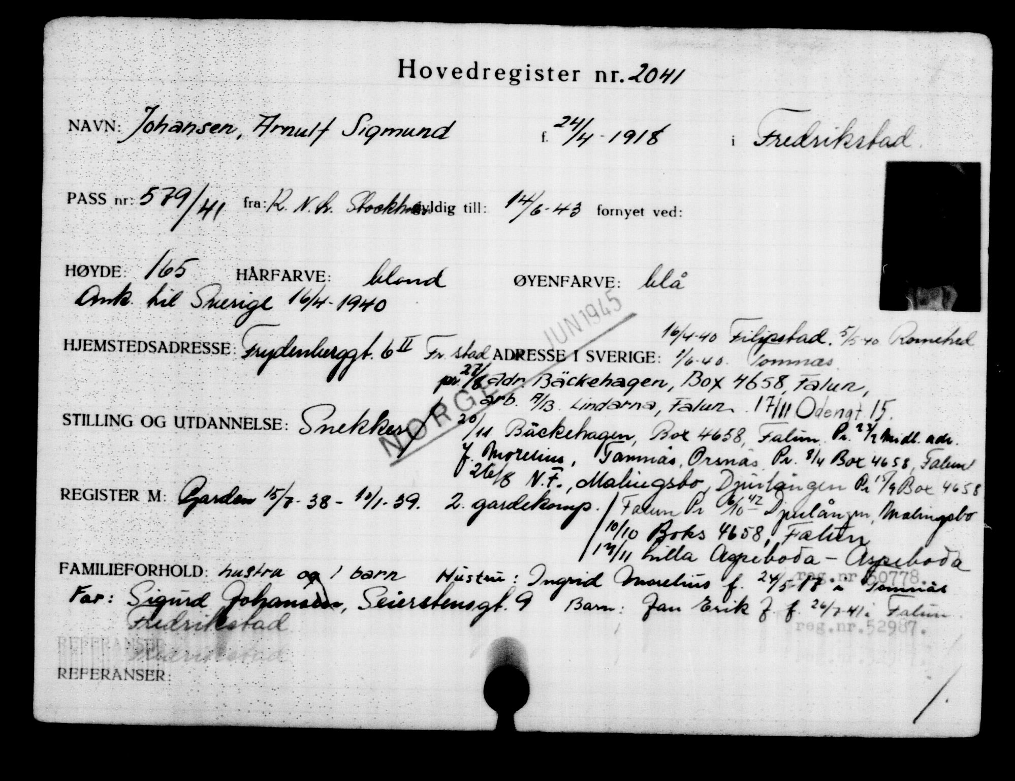 Utenriksstasjonene, Legasjonen i Stockholm, Flyktningkontoret, AV/RA-S-6753/V/Va/L0003: Kjesäterkartoteket, flyktninger med registreringsnr. 2001-3495, 1940-1945, s. 57